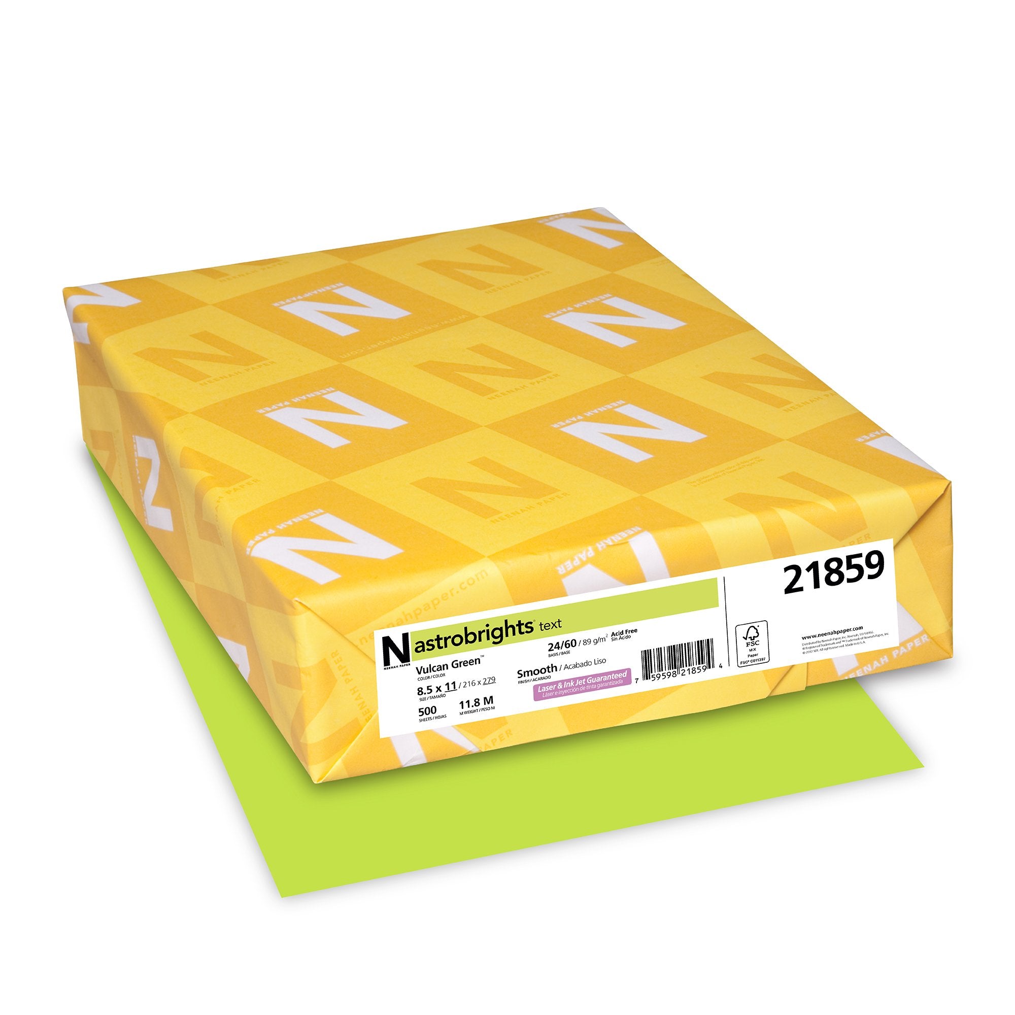 Neenah 21859 Astrobrights Color Paper, 8.5” x 11”, 24 lb / 89 gsm, Vulcan Green, 500 Sheets