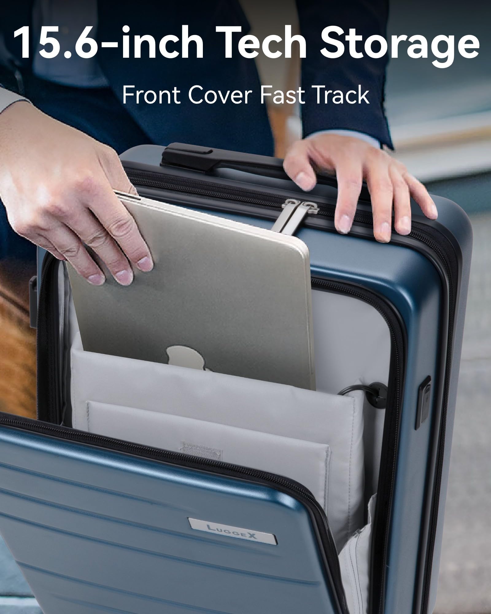LUGGEX Carry On Luggage 22x14x9 Airline Approved, Expandable Polycarbonate Suitcase with Front Pocket and USB Port (Silver, 20 Inch, 36.1L)