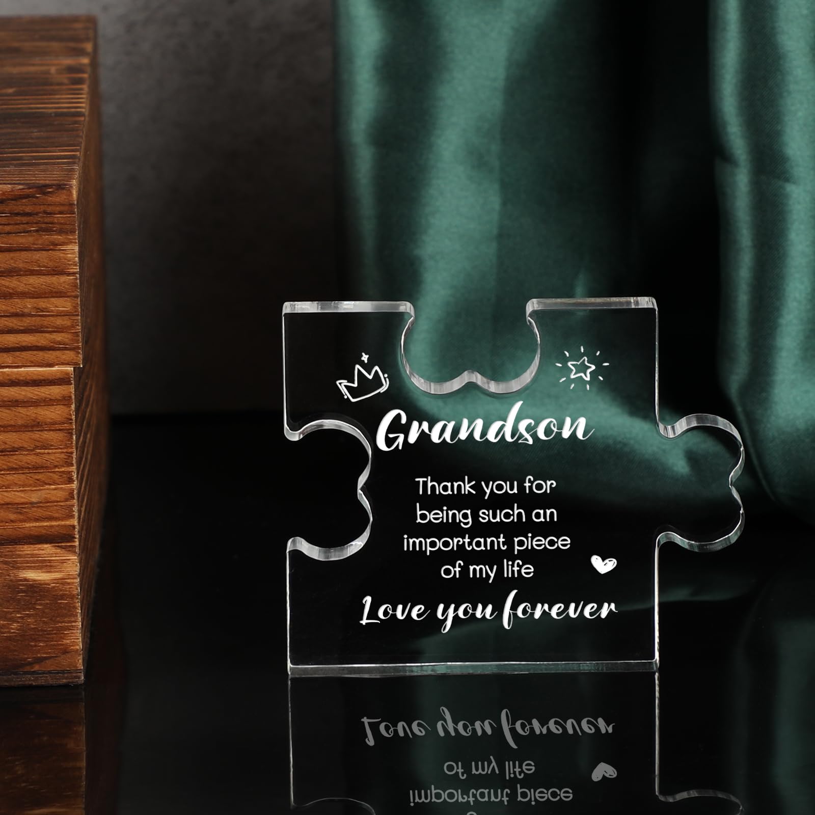 Funnli Grandson Gifts from Grandma Acrylic Puzzle Plaque - Christmas Valentines Day Fathers Day Birthday Gifts for Grandson 3.35 x 2.76 Inch Desk Decorations