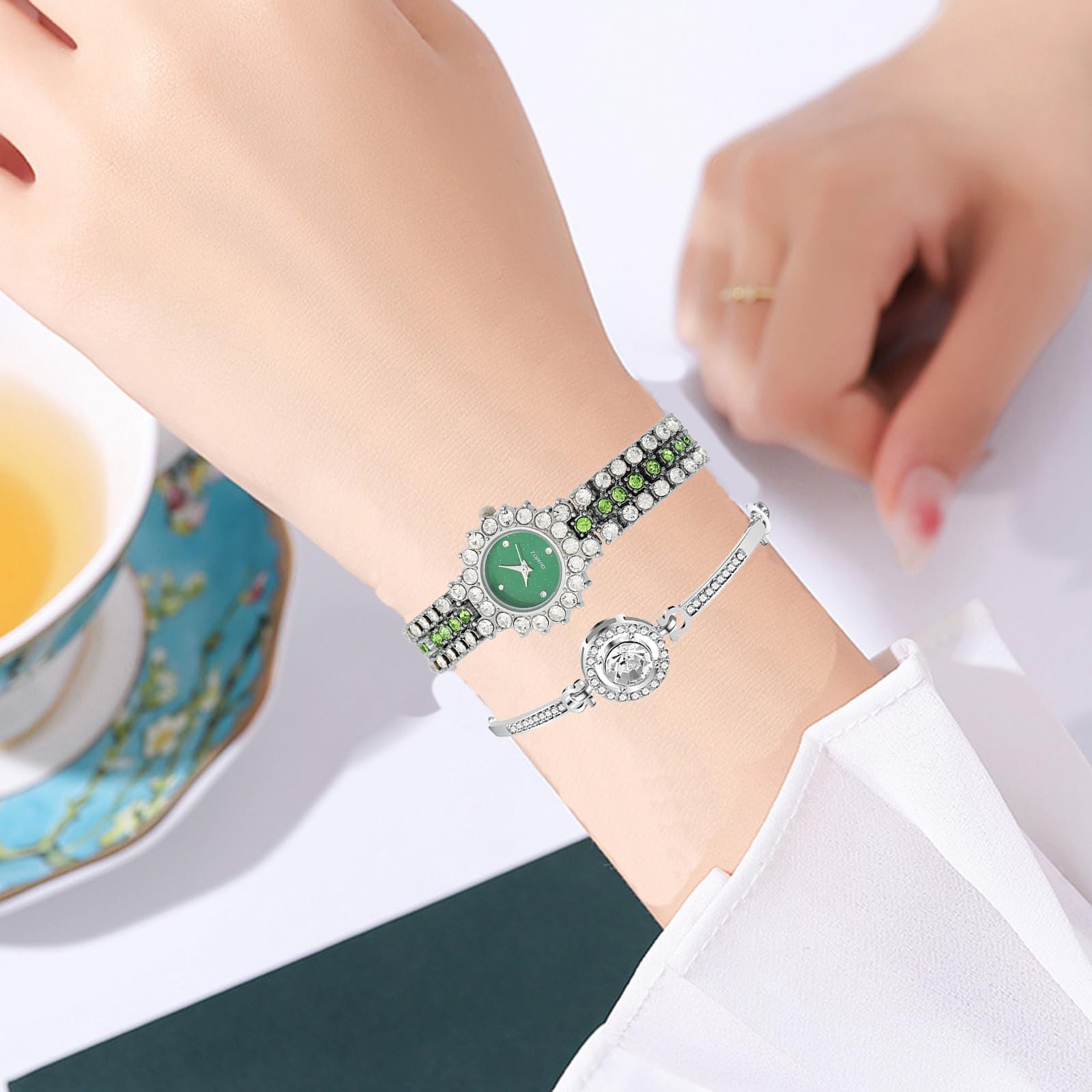 BESTKANG Women's Watch Two Tone Diamond Luxury Elegant Water Diamond Quartz Bracelet Set (Silver Green)
