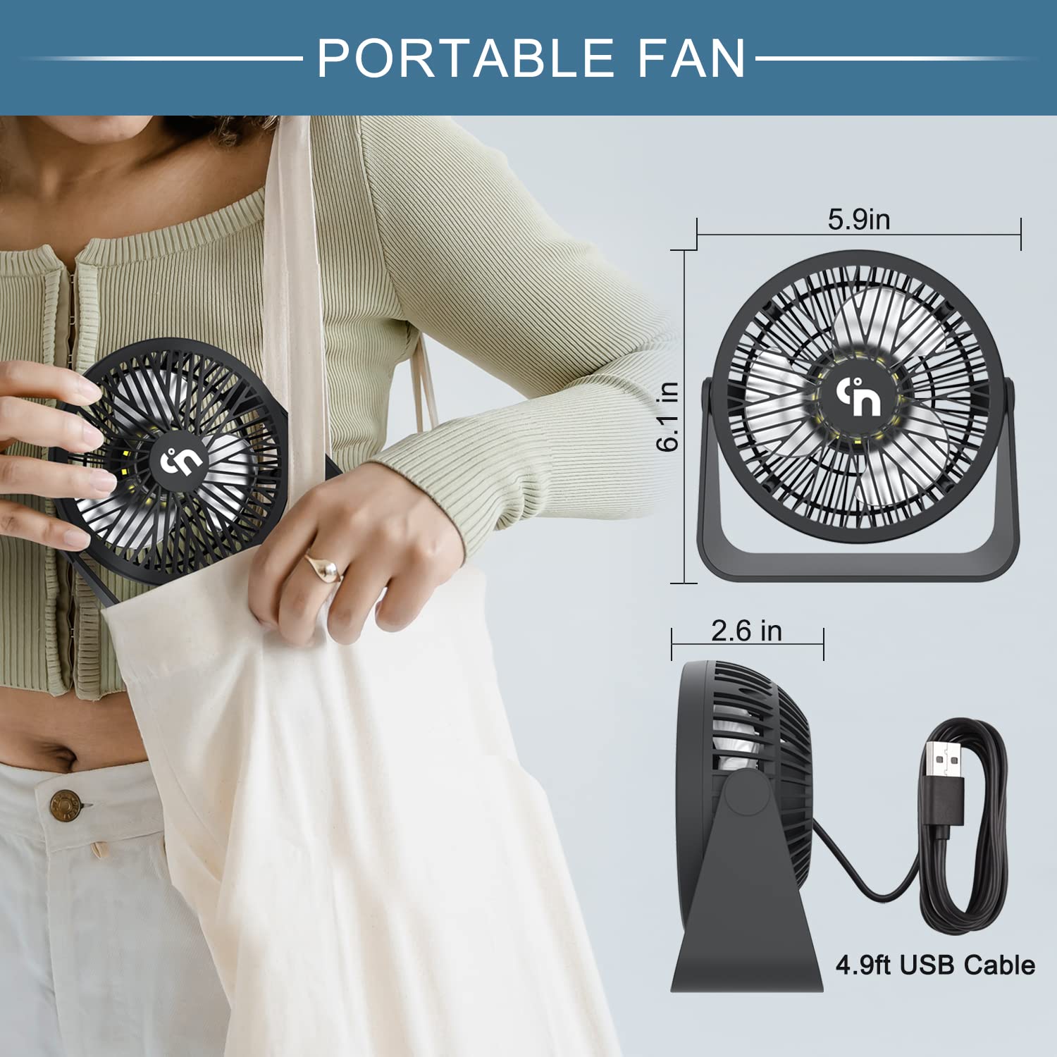 GagetElec USB Desk Fan with LED Night Lights,3 Speeds Cooling Small Fan,360°Rotation Strong Wind Table Fan,Quiet Mini USB Fan for Home Office Outdoor Travel 5.3 Inch (T5-01)