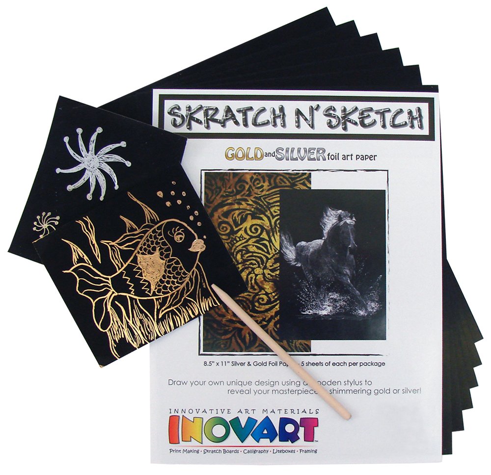 INOVART Scratch Paper, 5 Sheets Gold and 5 Sheets Silver Foil, 8-1/2" x 11"