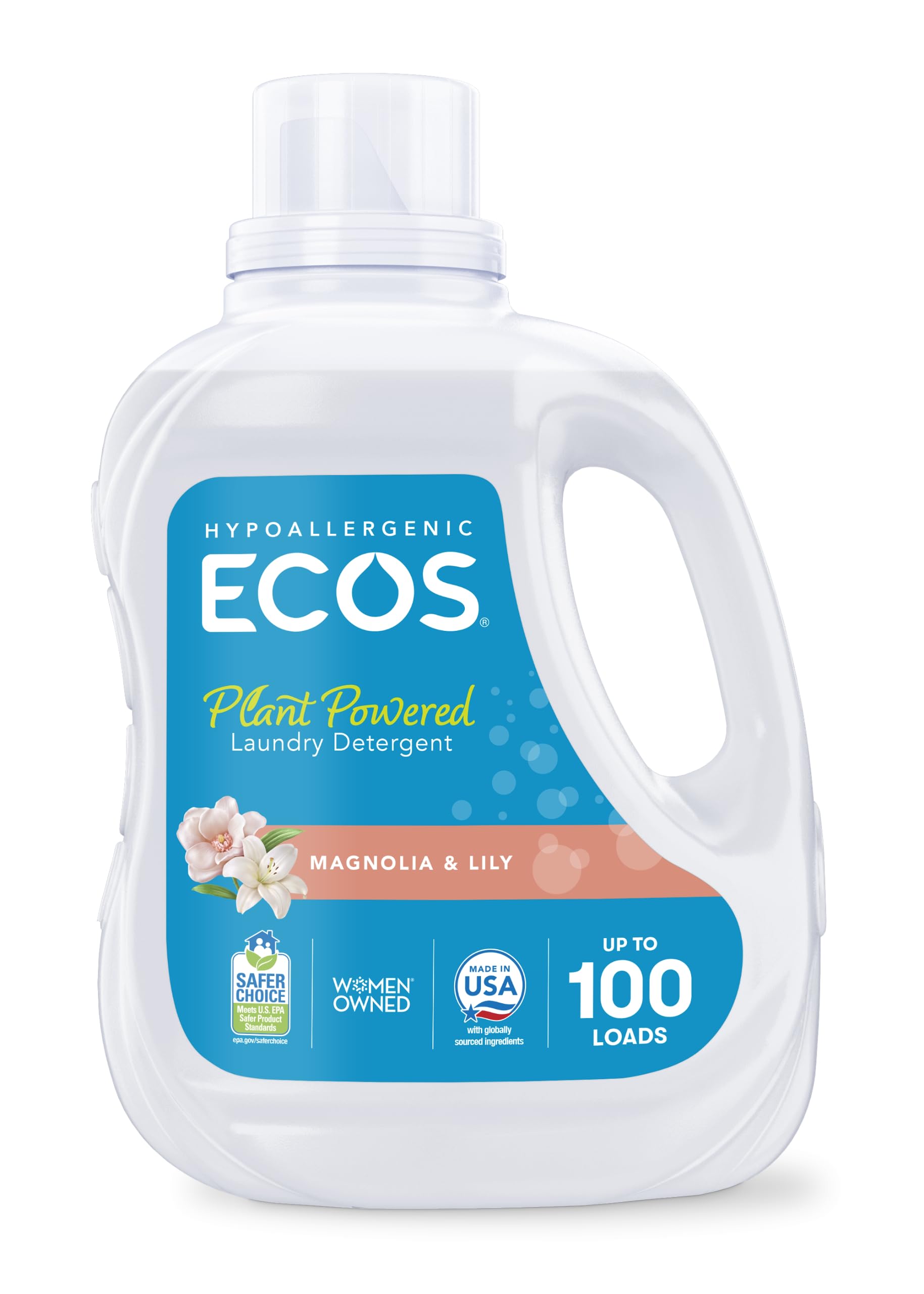 ECOS Laundry Detergent Liquid, 100 Loads - Dermatologist Tested Laundry Soap - Hypoallergenic, EPA Safer Choice Certified, Plant-Powered - Magnolia Lily, 100 Fl Oz