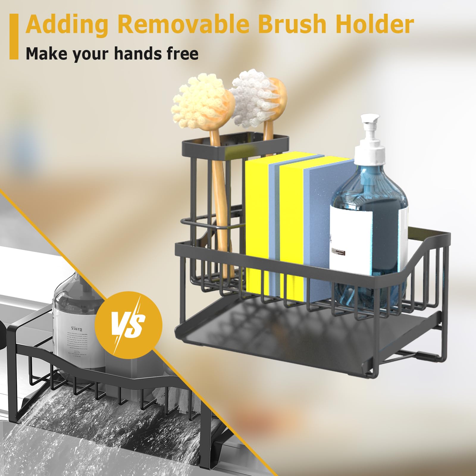 Vanwood Kitchen Sink Caddy Sponge Holder for Kitchen Sink with Brush Holder, Kitchen Sink Cocina Organizer and Storage Dish Soap Sponge Caddy with Auto Stainless Steel Draining Tray for Counter