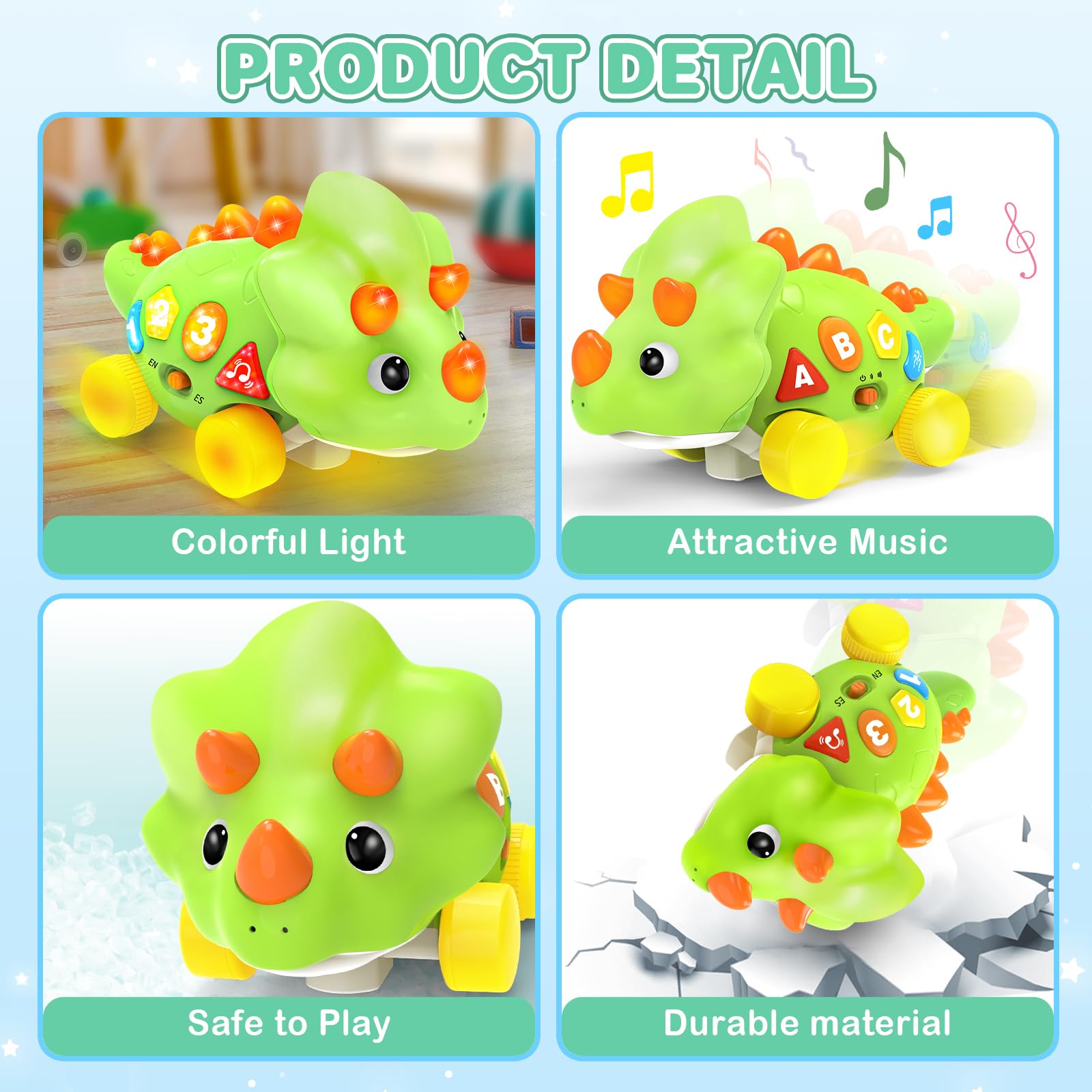 Musical Dinosaur Toys for 1 Year Old Baby - Tummy Time Light up Toys for Newborn Infant, Crawling Toys for 6-12-18 Months Kids, Early Learning Educational Toys and Gifts for 1-3 Year Old Toddlers