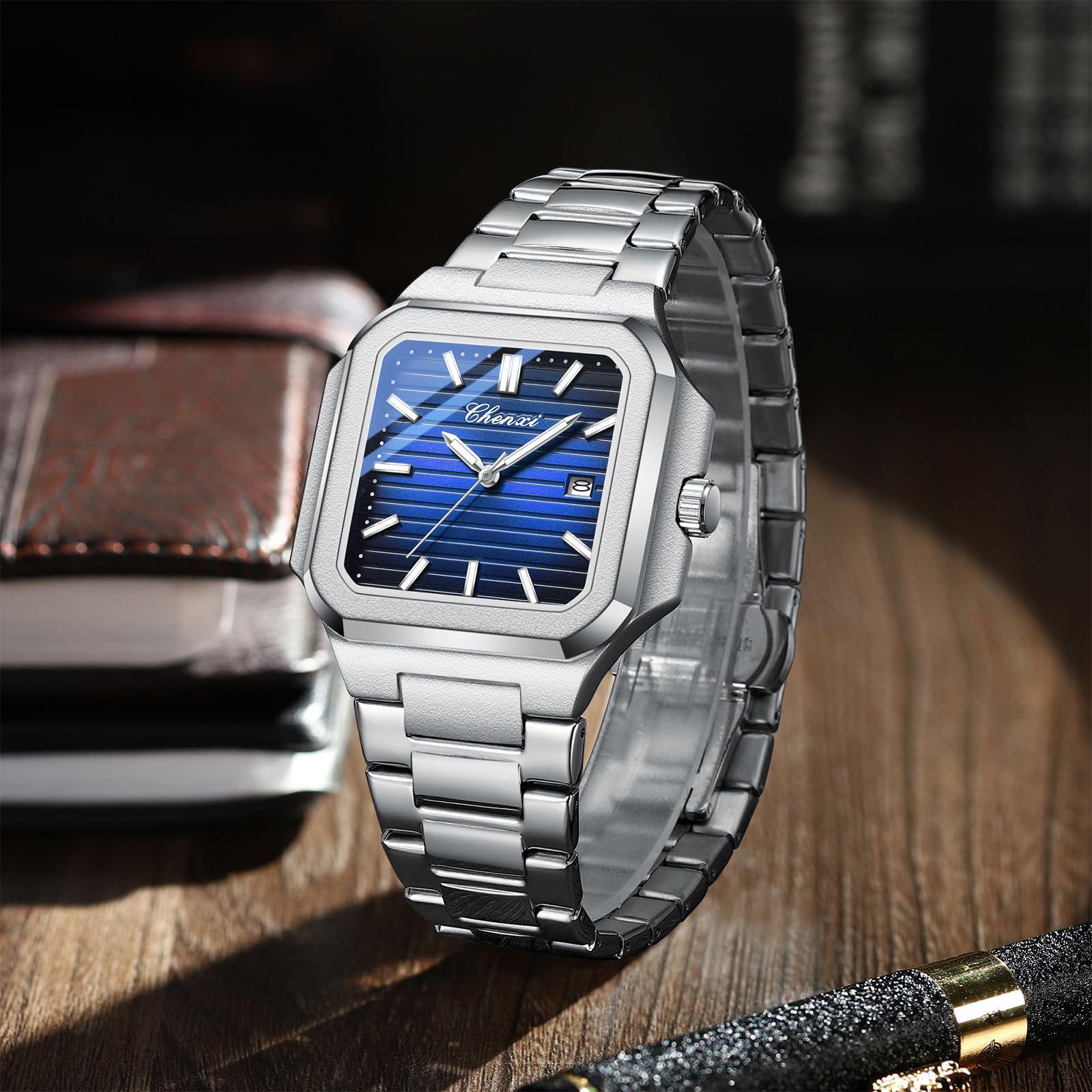 BESTKANG Men's Classic Square Watch - Silver Stainless Steel Analog Quartz Dress Watch with Luminous Hands, Date Calendar, 30M Water Resistant for Business Casual (Blue)