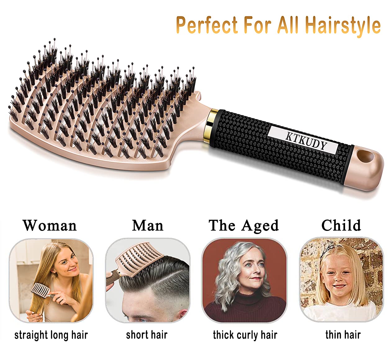 KTKUDY Detangling Brush Getting Knots Out without Pain - Boar Bristles Hair Brush Make Hair Shiny & Healthier Vented Detangler Brush for Women Men Kids Wet and Dry Hair (Yellow & Gold)