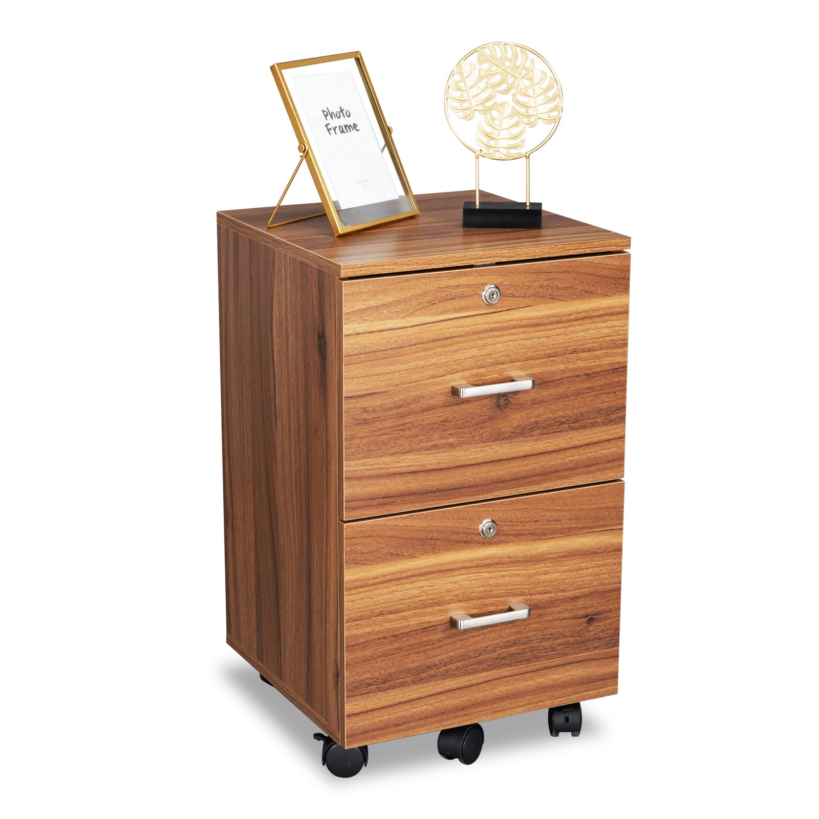 VINGLI 2 Drawer File Cabinet with Lock, Wood Grain Walnut File Cabinet for Letter Size File Folders with Tabs, Under Desk Rolling File Cabinets for Home Office, Mobile Filing Cabinet Printer Stand