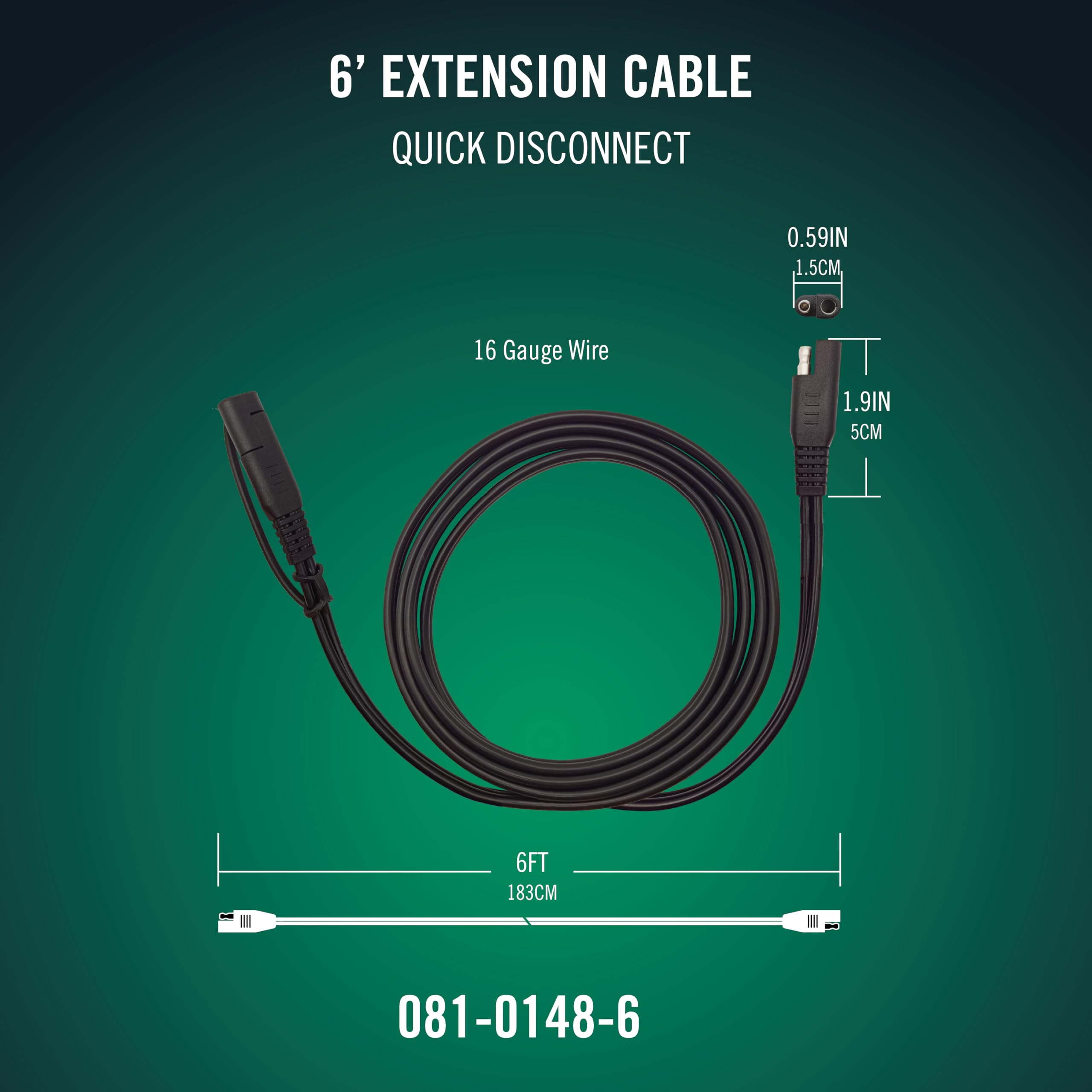 Battery Tender 6 Foot Extension SAE Cable - Designed for Use Chargers - Quick Connect Plugs for Easy Connection to Motorcycle, Cars, ATVs and More - 081-0148-6