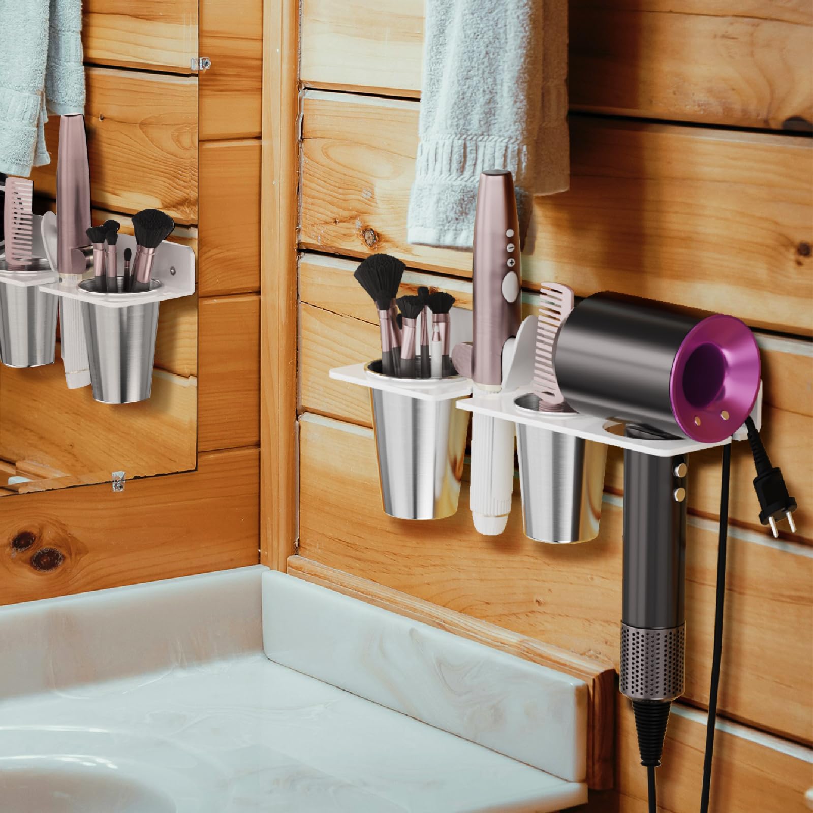 HIIMIEI Hair Tool Organizer Wall Mount, White Acrylic Hot Tool Holder with 2Cups, Bathroom Hair Styling Accessories Storage Organizer for Flat Iron, Blow Dryer, Curling Wand