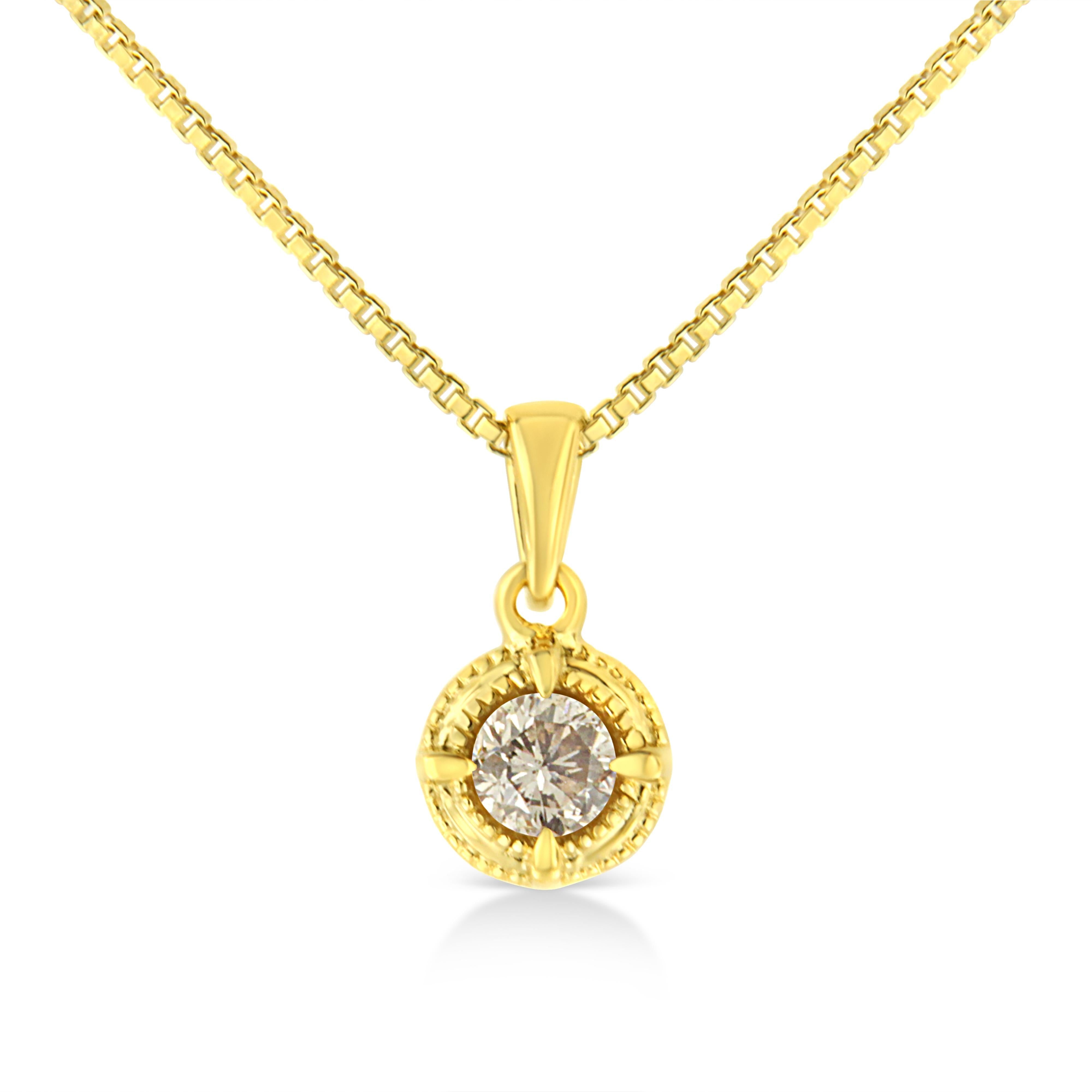 14K Yellow Gold Plated .925 Sterling Silver 1/2 Cttw Brilliant Round Cut Diamond Solitaire Milgrain 18" Pendant Necklace (K-L Color, I2-I3 Clarity)