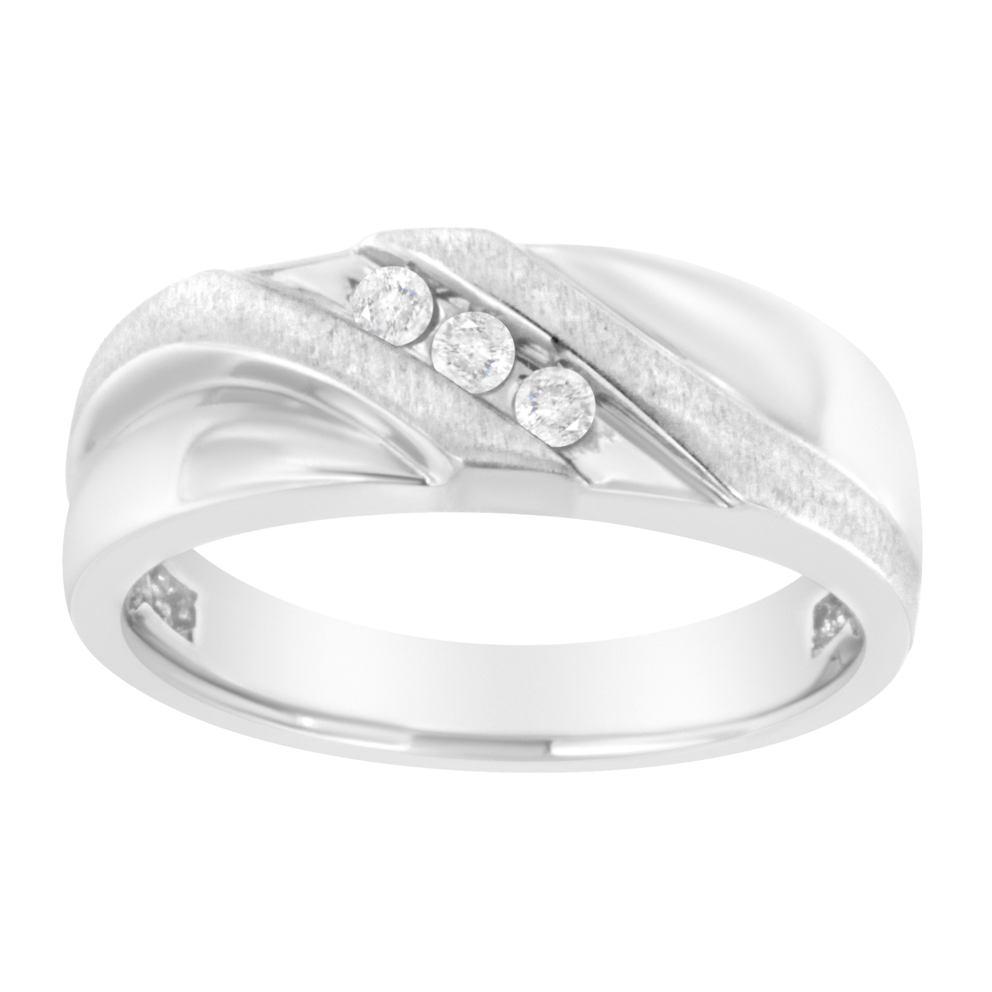 10K White Gold 1/10 Cttw Diamond Men's Three Stone Channel Set Diamond Wedding Ring (I-J Color, I1-I2 Clarity) - Size 10