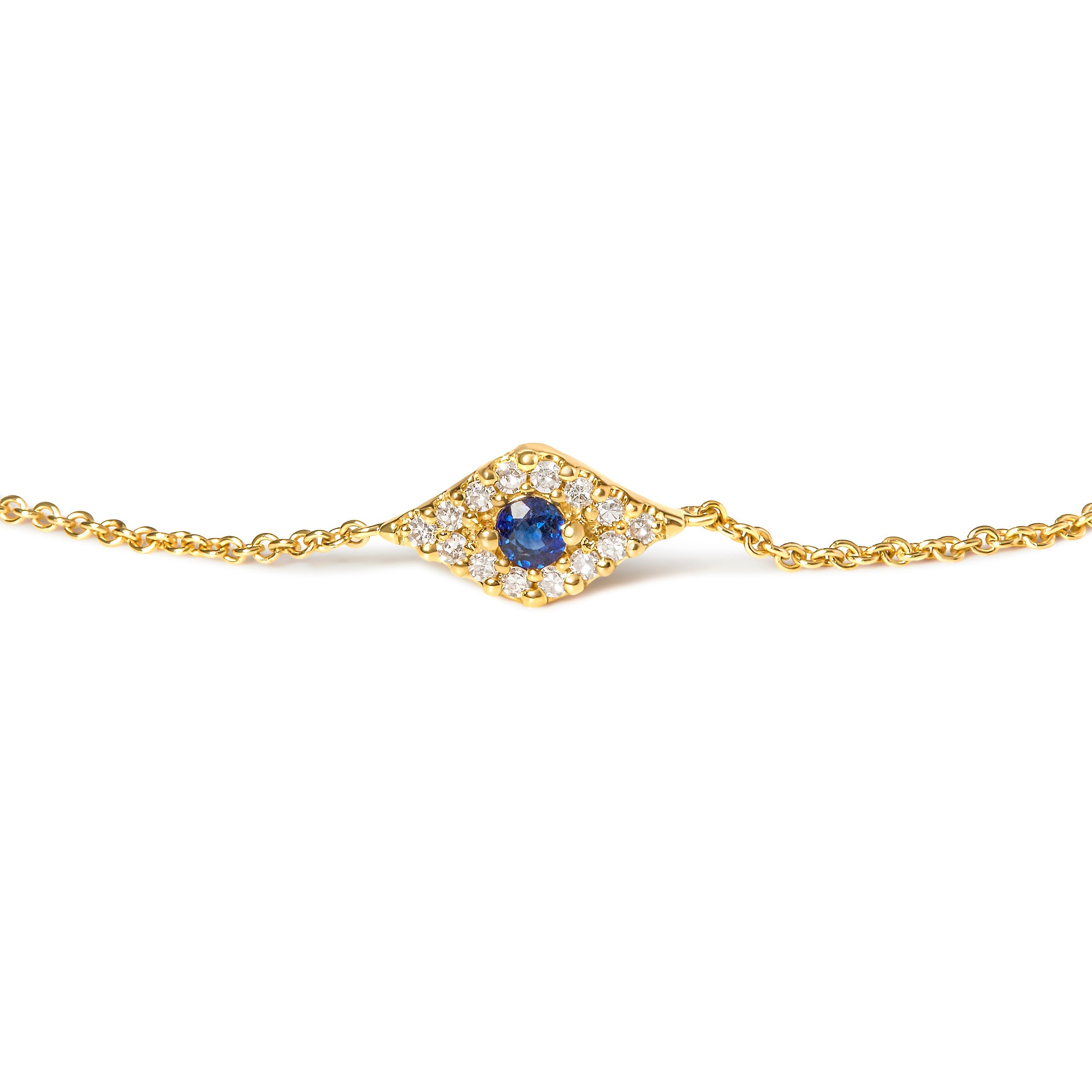 10K Yellow Gold Blue Sapphire and Diamond Accent Evil Eye Station Link Bracelet (H-I Color, I1-I2 Clarity) - Size 7"