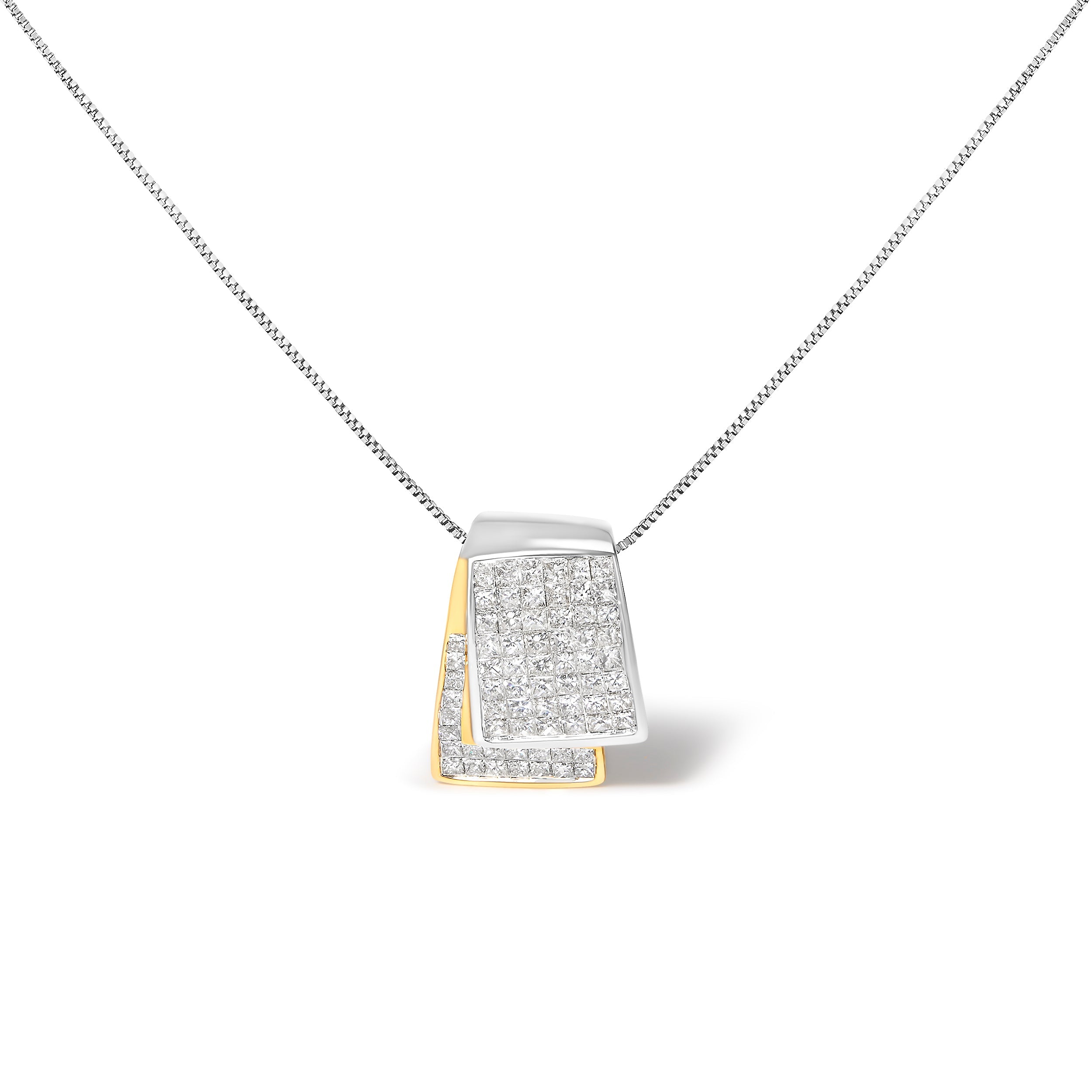 14K White and Yellow Gold 2.0 Cttw Princess Cut Diamond Two Tone Foldover Box Pendant 18†Box Chain Necklace (H-I Color, SI1-SI2 Clarity)