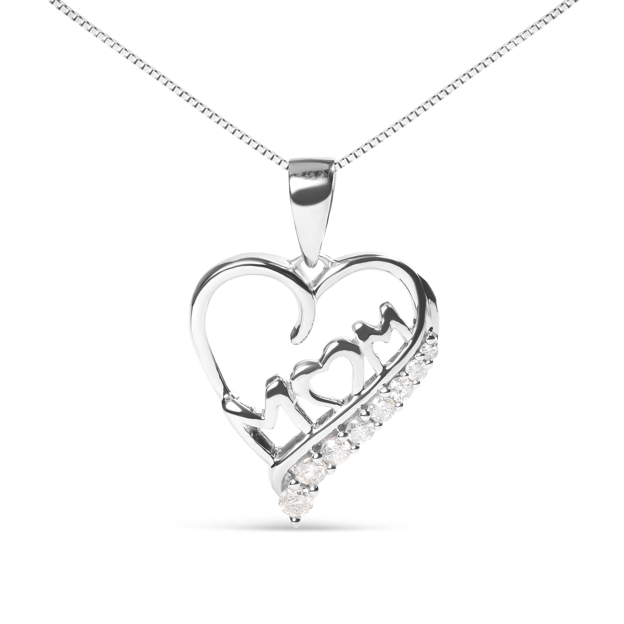 .925 Sterling Silver 1/4 Cttw Diamond "Mom" and Open Heart 18" Pendant Necklace (I-J Color, I2-I3 Clarity)