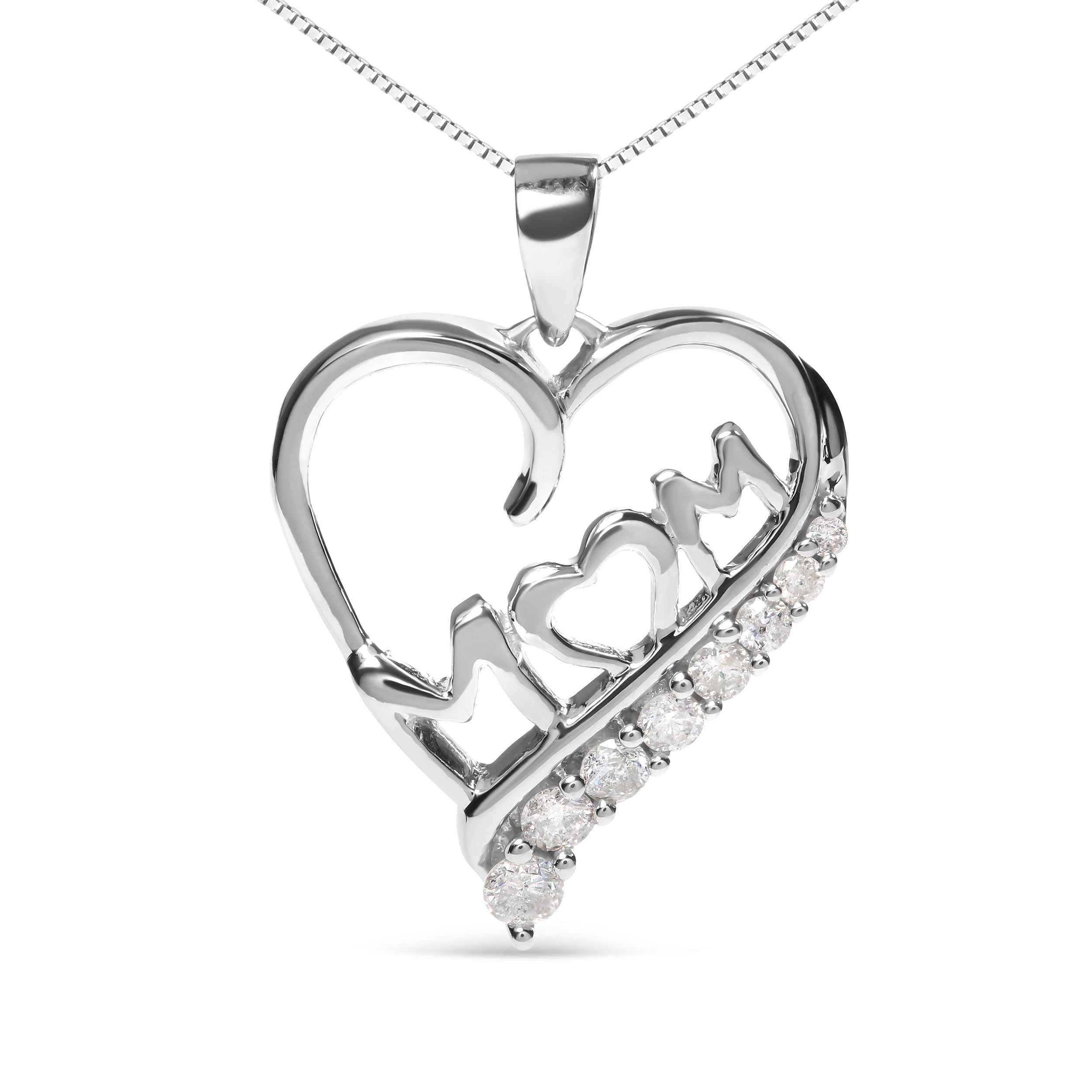 .925 Sterling Silver 1/4 Cttw Diamond "Mom" and Open Heart 18" Pendant Necklace (I-J Color, I2-I3 Clarity)