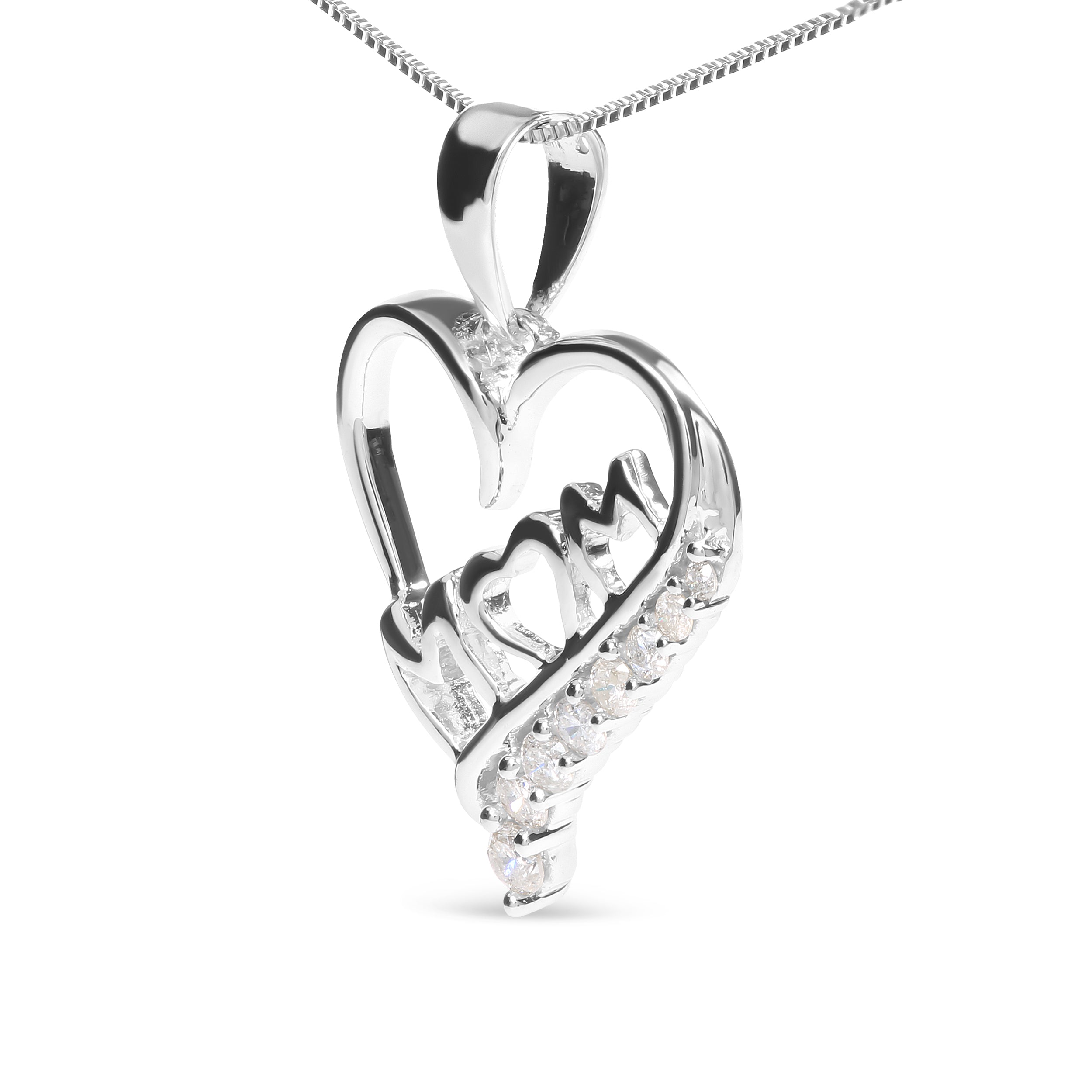 .925 Sterling Silver 1/4 Cttw Diamond "Mom" and Open Heart 18" Pendant Necklace (I-J Color, I2-I3 Clarity)