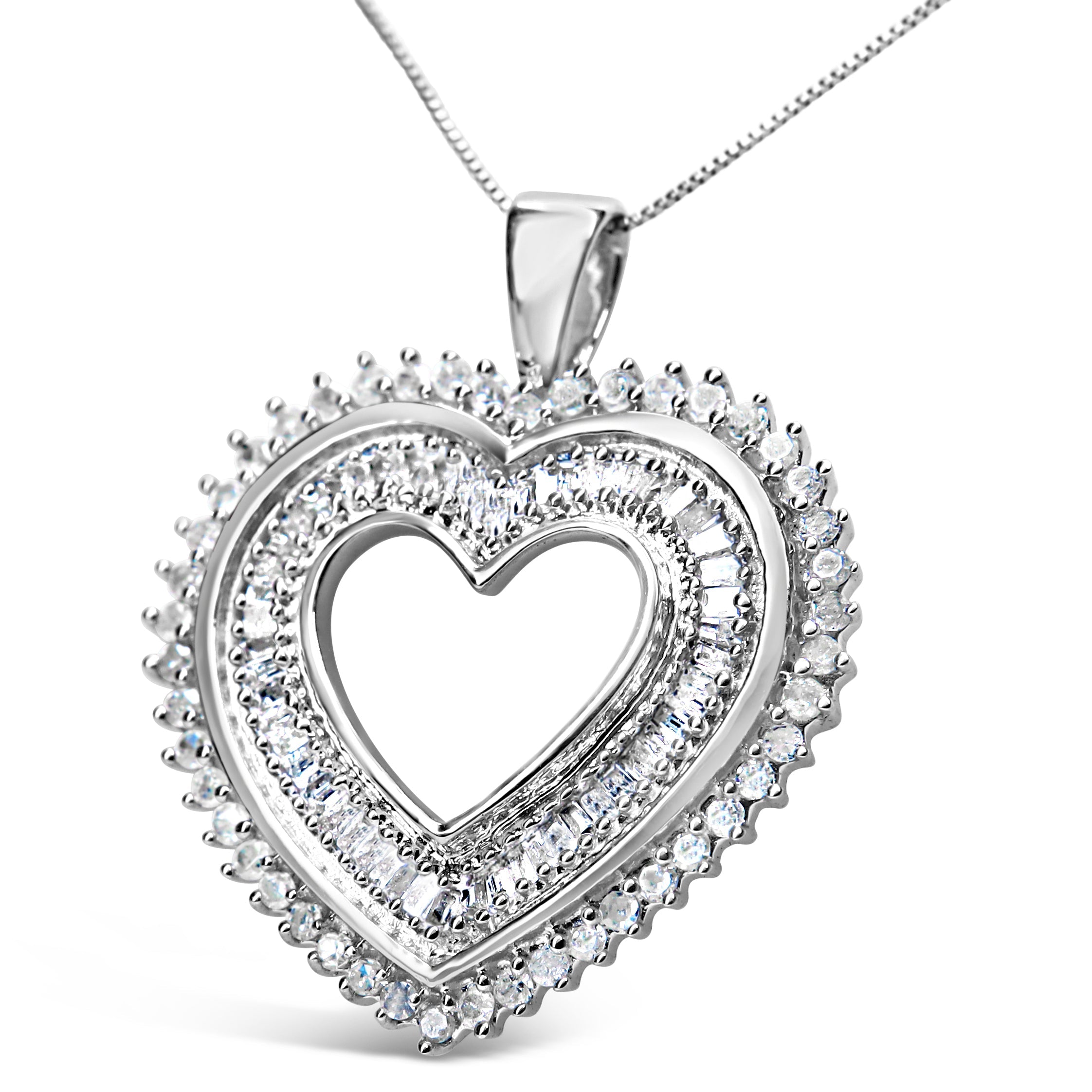 .925 Sterling Silver 1.0 Cttw Baguette and Round Diamond Heart Pendant 18" Necklace (H-I Color, I3 Clarity)