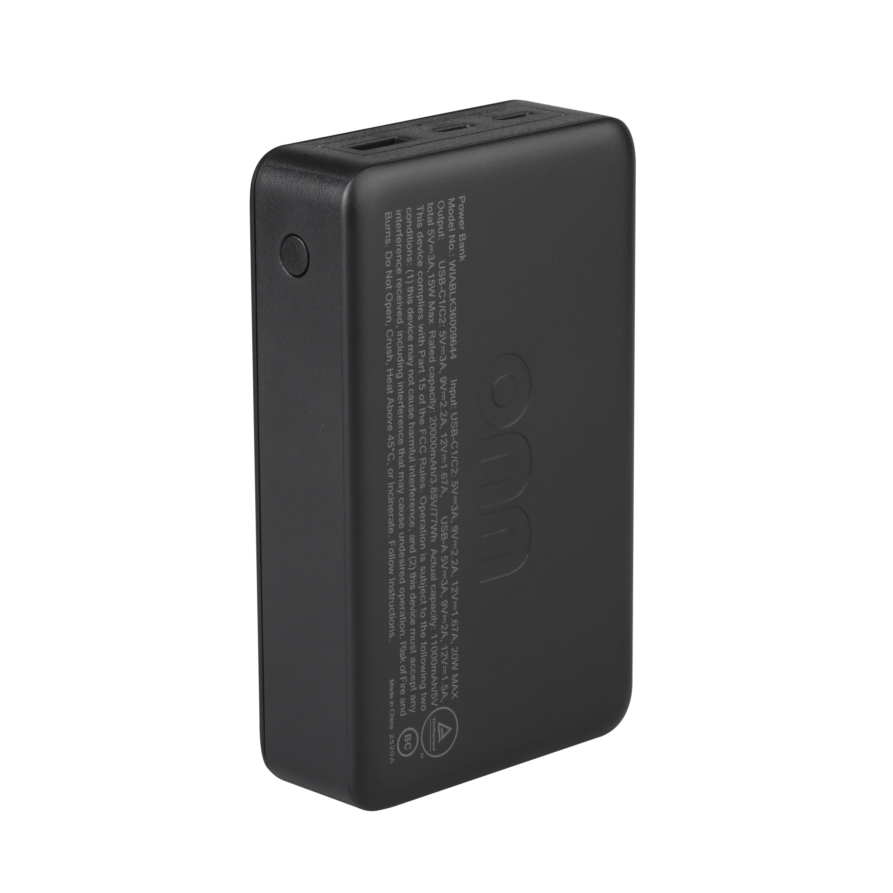 Onn 20,000 mAh Portable Battery, Fast charging 20W, with Digital Readout, Dual USB-C ports + USB-A port, Black