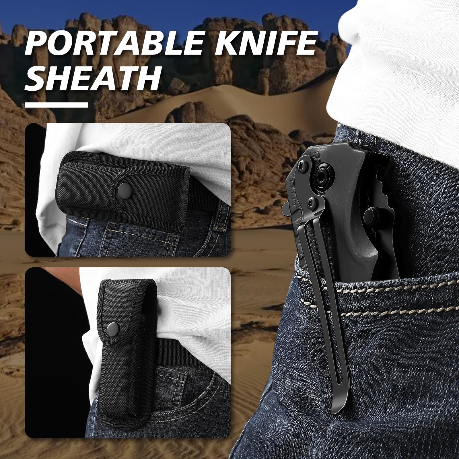 OGIVAL Pocket Knife,4inch Folding Knife with Nylon Sheath and Pocket Clip, Bottle Opener, Glass Breaker, Seatbelt Cutter and Wrench, Black