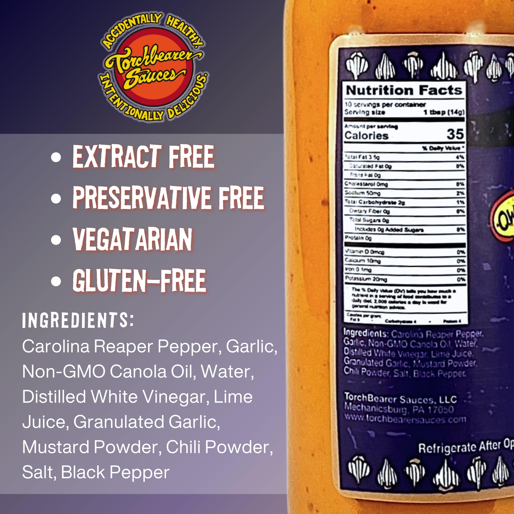 Torchbearer Sauces Garlic Reaper Sauce, 5oz Garlic & Carolina Reaper Hot Sauce, Heat Level 9 - Featured on Hot Ones - All Natural, Extract-Free, Made in USA