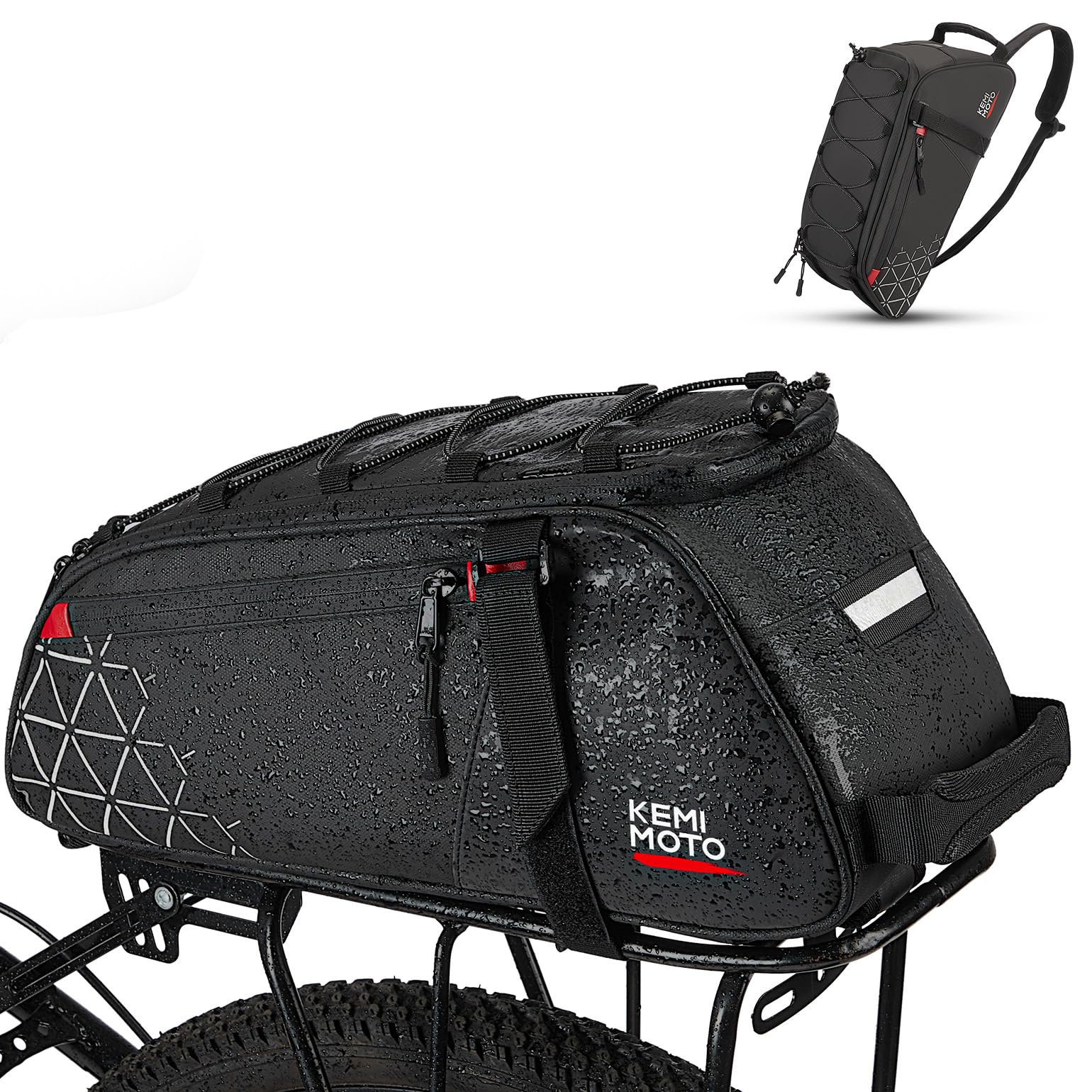 KEMIMOTO Rear Bike Rack Bag - 8L PVC Water Resistant Bicycle Bag for Road and Mountain Bikes - Black Commuter Bag for Grocery Shopping and Cycling