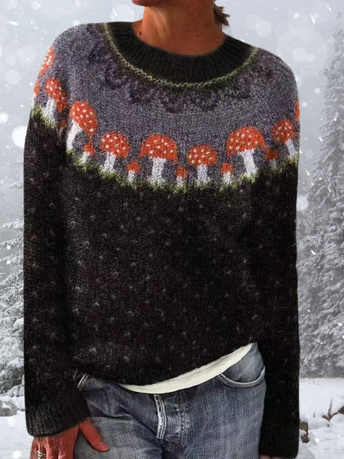 DMOYALA Women's Fair Isle Sweater Mushroom Black Long Sleeve Boat Neck Lightweight Cropped Pullover Tops 2024 Fall Fashion Vintage Casual Fit Knitted Sweater Tops for Winter Christmas