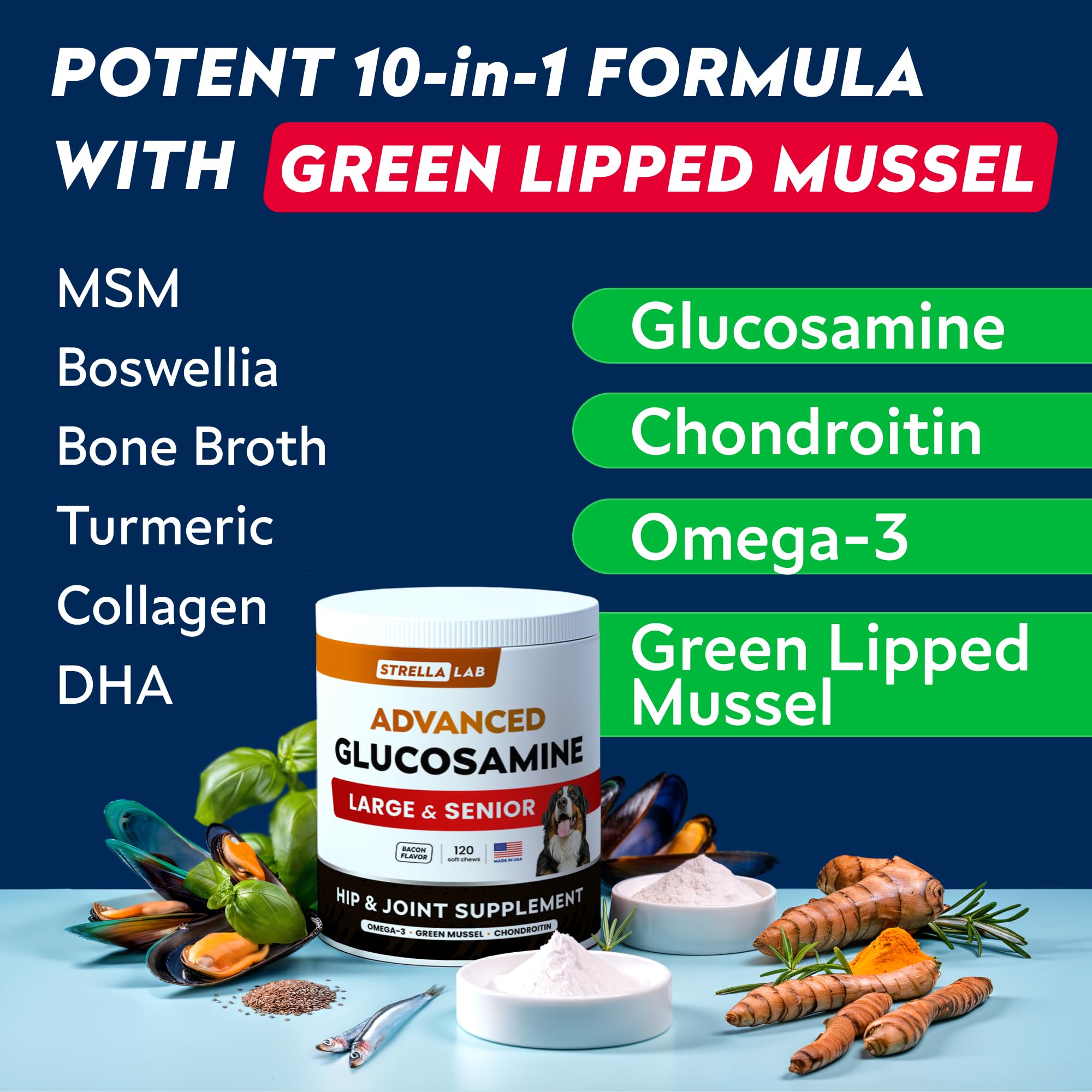 Advanced Glucosamine Hip & Joint Supplement for Senior Dogs - Green Lipped Mussel & Collagen - Hip & Joint Pain Relief - Large & Small Breed - Joint Health - Bacon - 120 Chews
