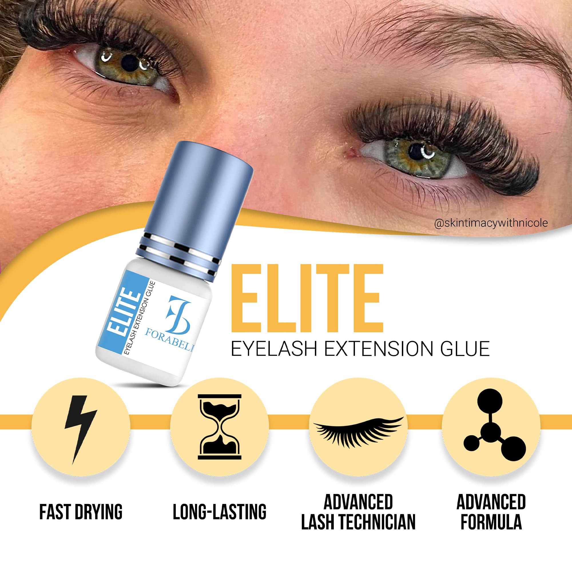Forabeli Elite Lash Extension Glue - 1 Sec Fast Dry, 7 Week Retention, Maximum Bonding Power, Black Eyelash Adhesive for Professional Use