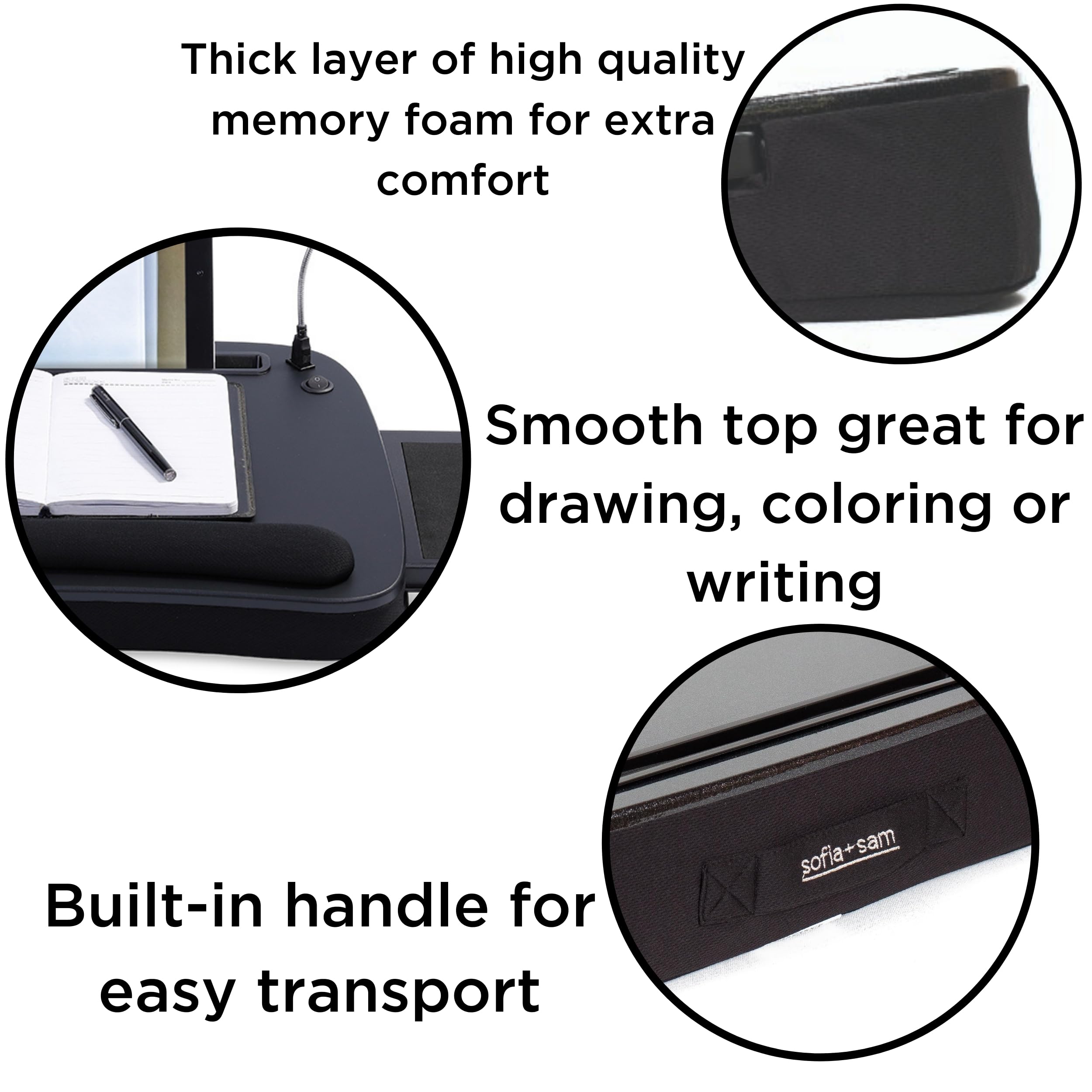 SOFIA + SAM Multi-Tasking Memory Foam Lap Desk up to 15" Laptop w/USB Light & Mouse Pad - Portable Foldable Laptop Tray w/Cushion for Bed, Couch, Desk - Ergonomic Lapdesk for Home Office & Reading