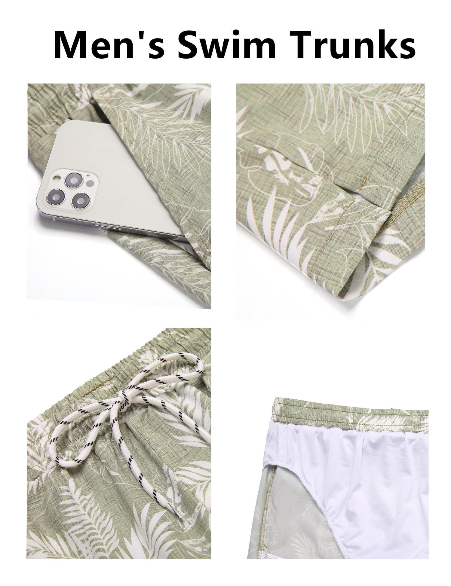 COOFANDY Mens Quick Dry Printed Short Swim Trunks Beach with Mesh Lining Swimwear Bathing Suits Green Plam Leaf M
