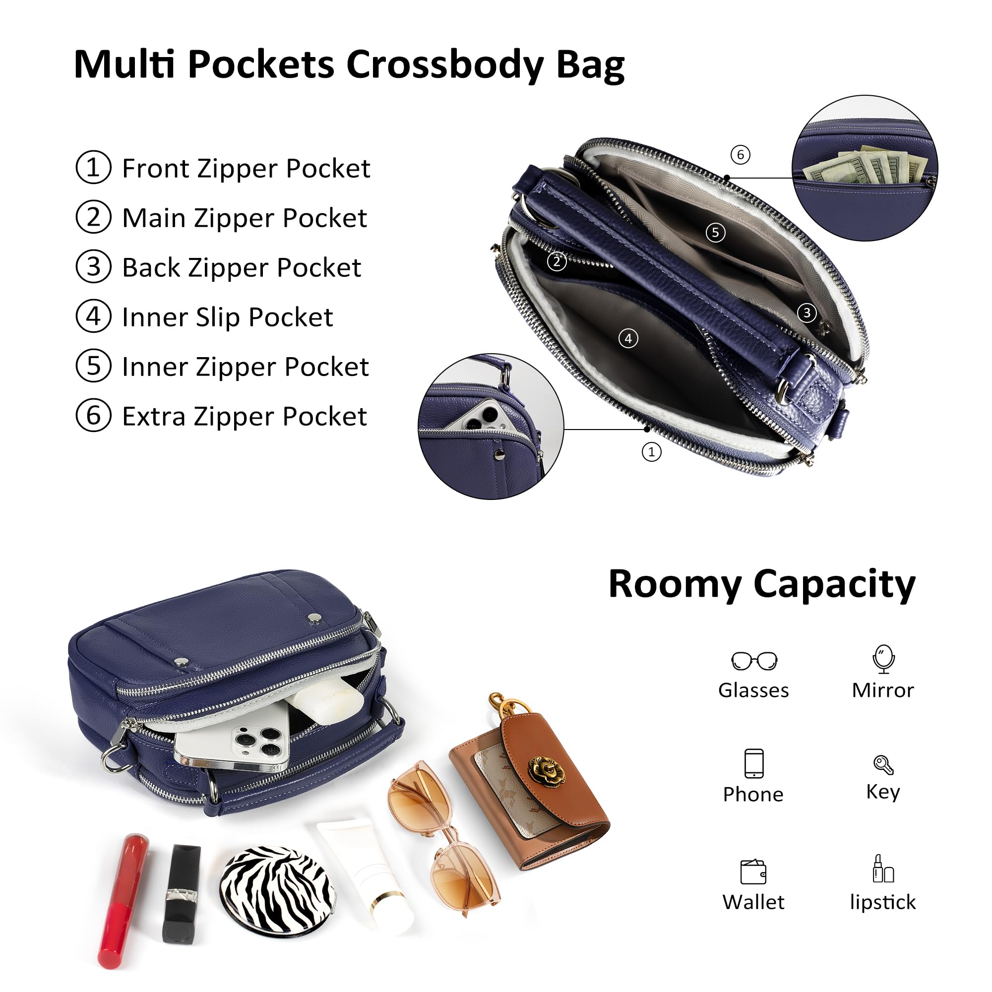 befen Real Leather Small Crossbody Purse for Women Shoulder Cross Body Satchel Bags Handbags with Leather Top Handle Navy Blue