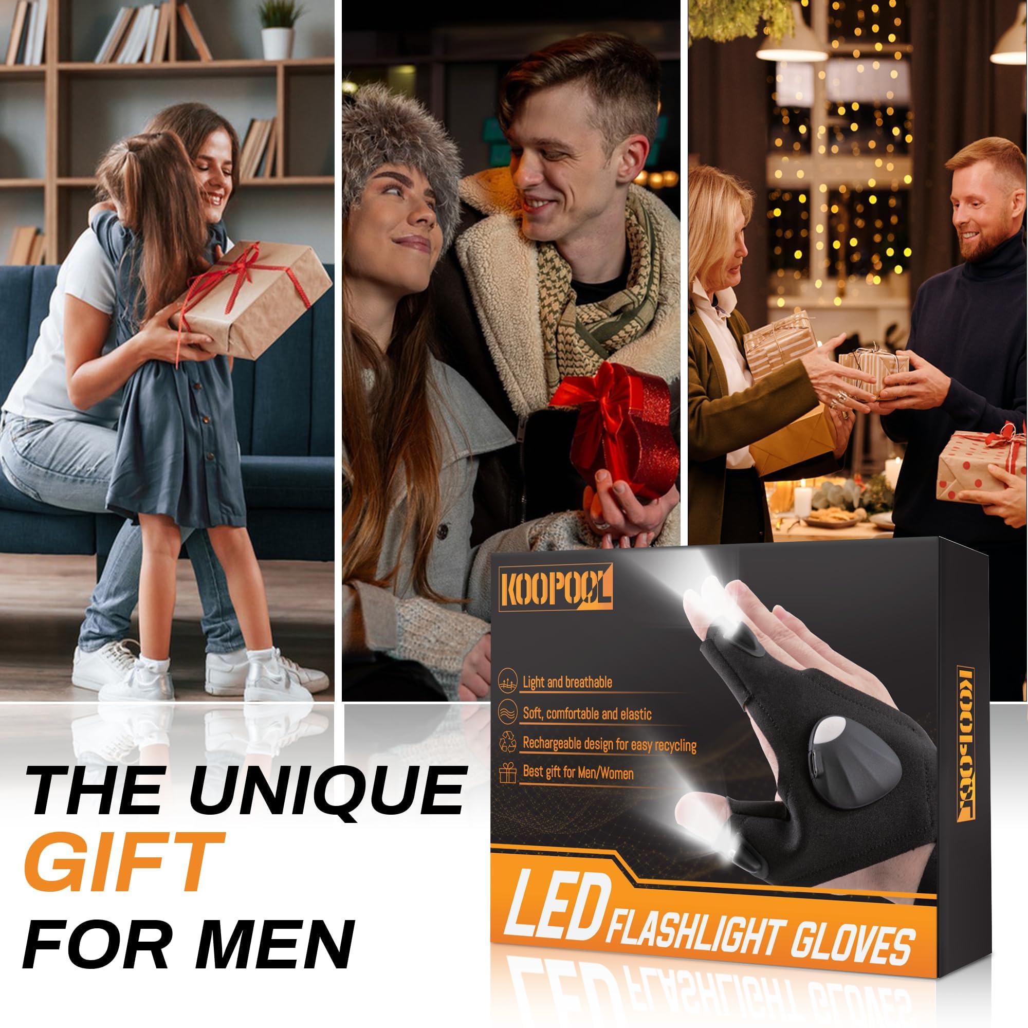 KOOPOOL Father's Day Gifts for Dad Husband Boyfriend, 1st Father Day Gift Ideas from Kid Daughter Son Wife, Finger Lights for Men, LED Light Gloves, Rechargeable Flashlight Glove