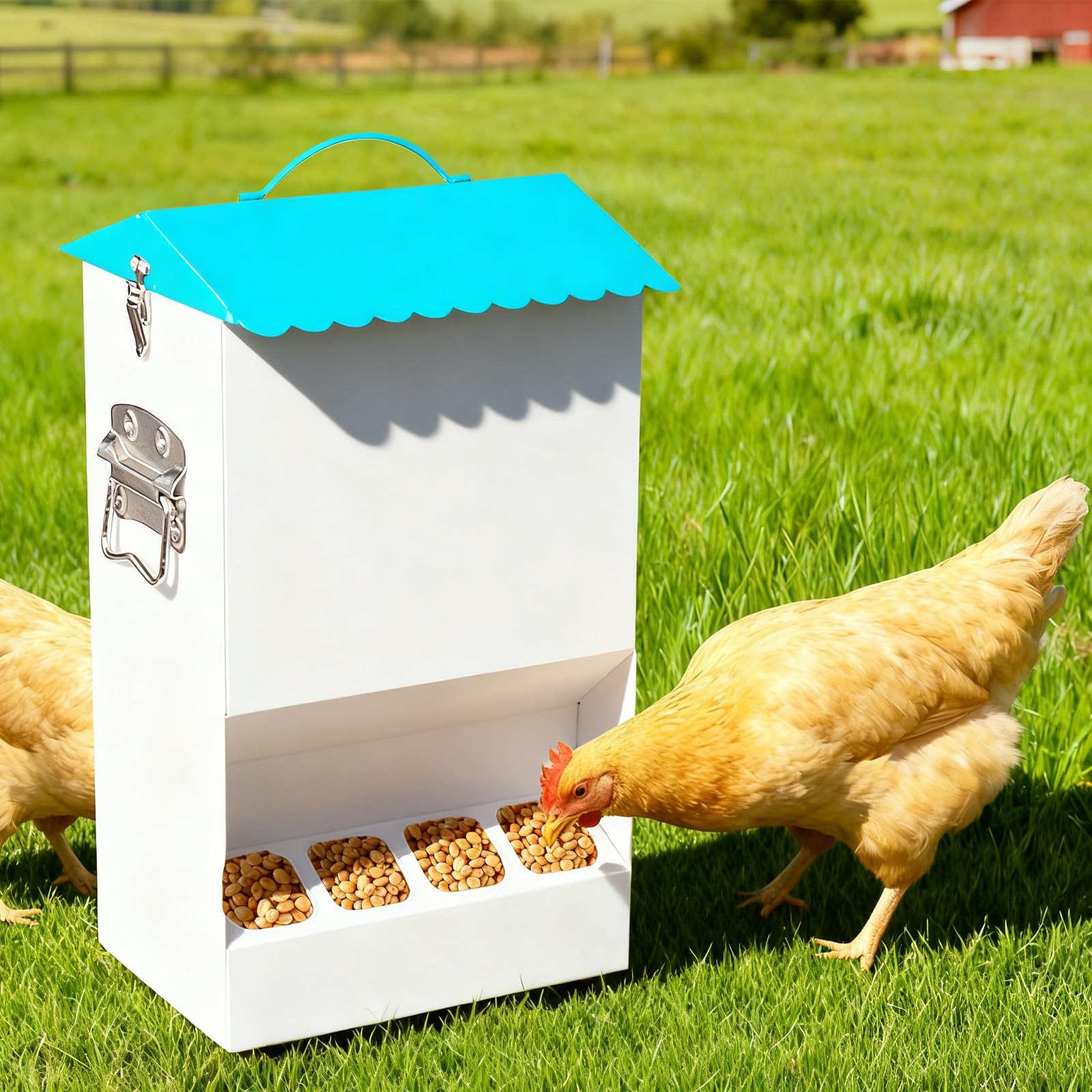 20LB Automatic Chicken Feeder with 8 Feeding Ports, No Waste Design, Height-Adjustable Legs & Secure Locking Lid for Chickens, Ducks & Poultry
