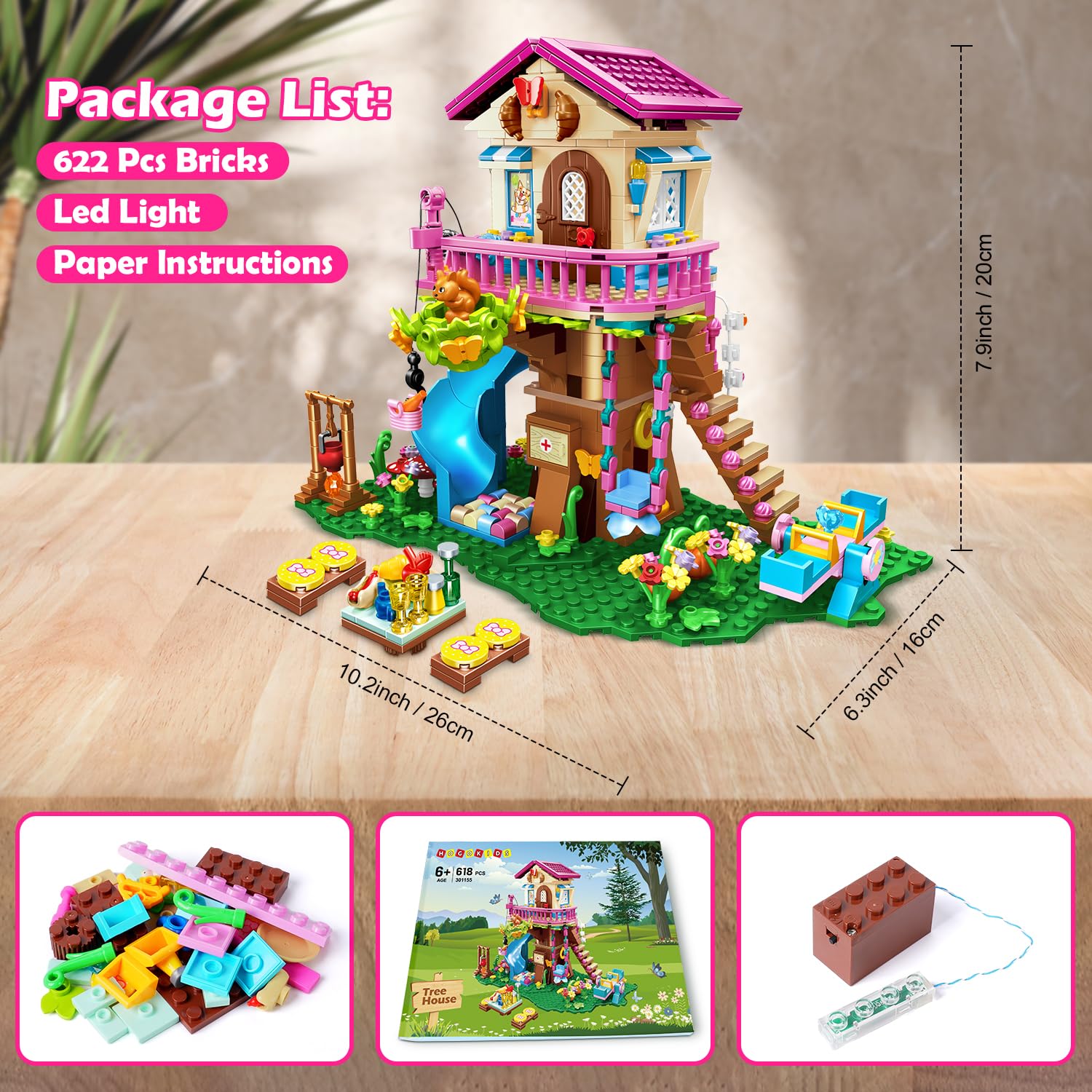 HOGOKIDS Tree House Building Set with LED Light - 622pcs Treehouse Building Blocks Toys, Forest Up House Building Kit with Slide, Birthday Gifts for Kids Girls Boys Age 6 7 8 9 10 11 12+