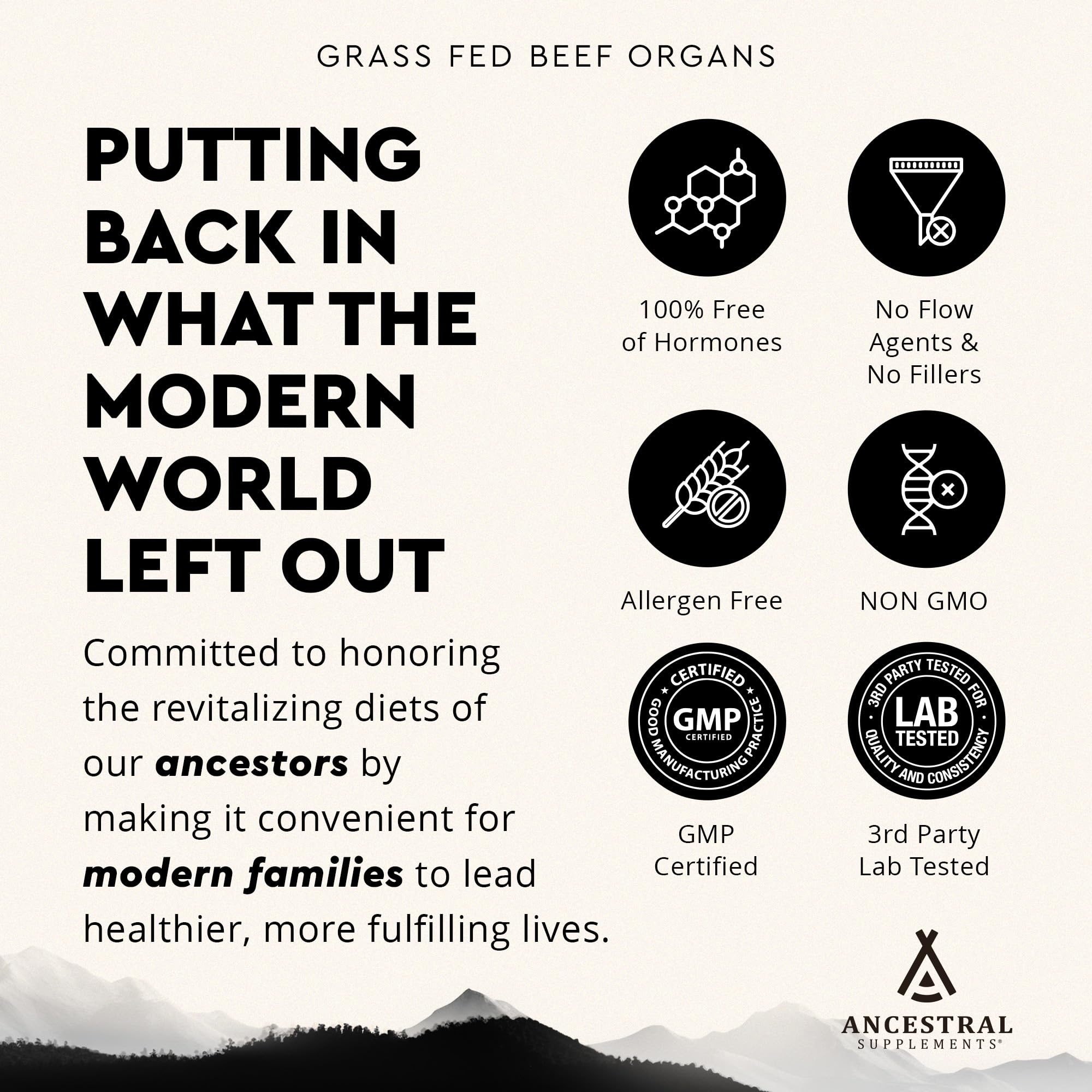 Ancestral Supplements Grass Fed Beef Organ Supplement, Supports Whole Body Wellness with Proprietary Blend of Liver, Heart, Kidney, Pancreas, Spleen, Freeze-Dried Beef, Non-GMO, 180 Capsules