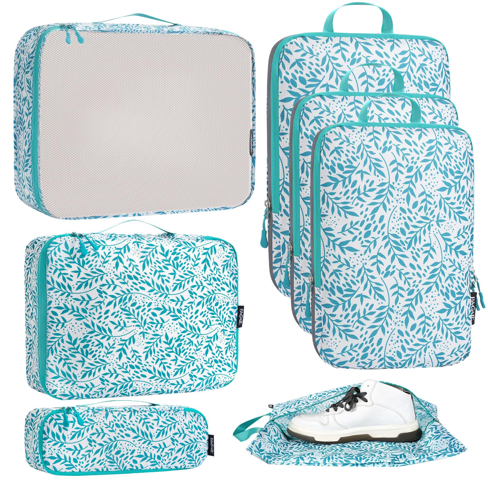 Bagail Ultralight 3 Compression Packing Cubes 3 Packing Organizers With 1 Shoe Bag-Leaf, 7 Set