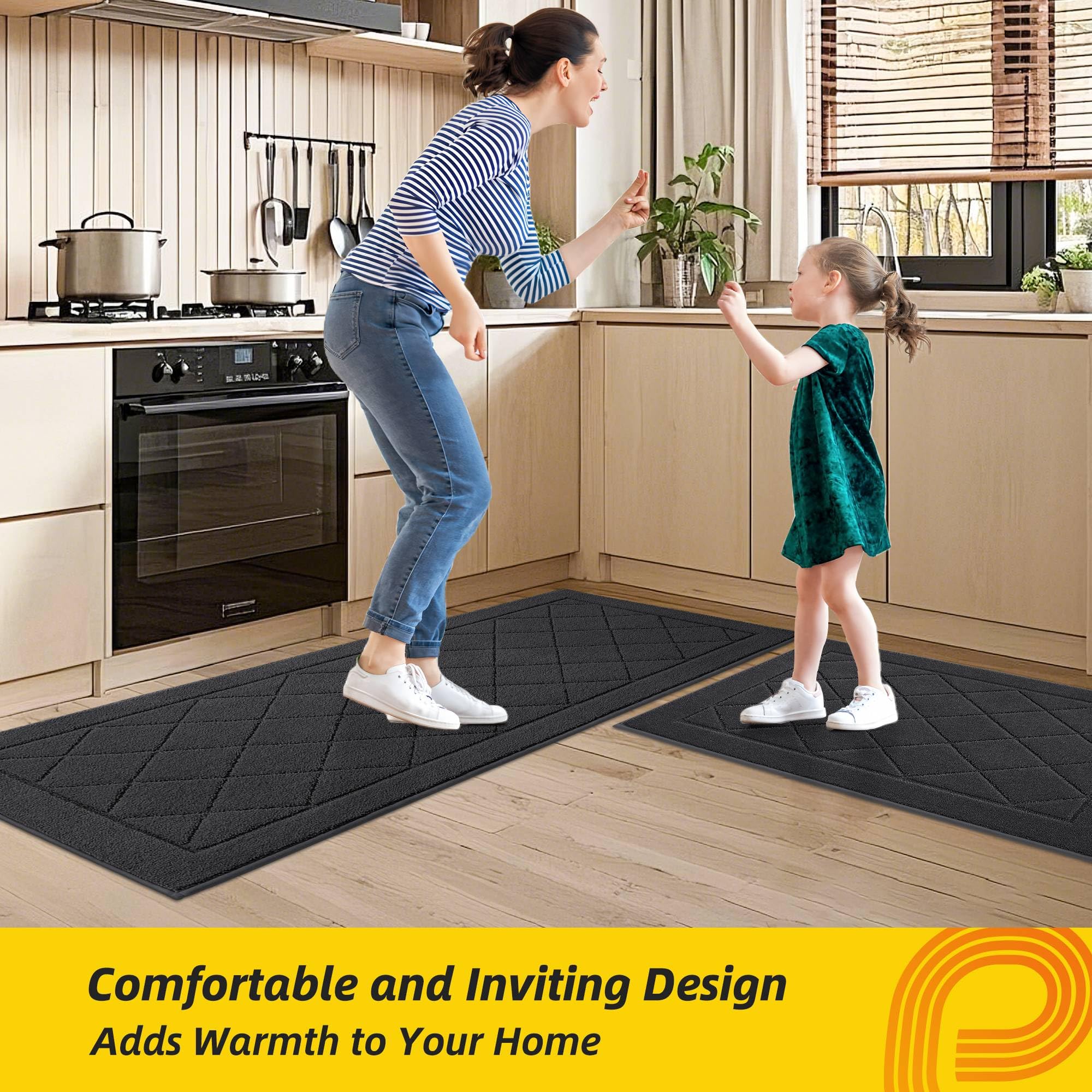 JSEI Non-Slip Kitchen Rugs, Self Adhesive No Sliding Kitchen Mats Set of 2, Soft Washable Absorbent Floor Mat for Kitchen, Bathroom, Laundry Room, Bedroom, 24”x36”+24”x60”, Dark Grey, Diamond Pattern