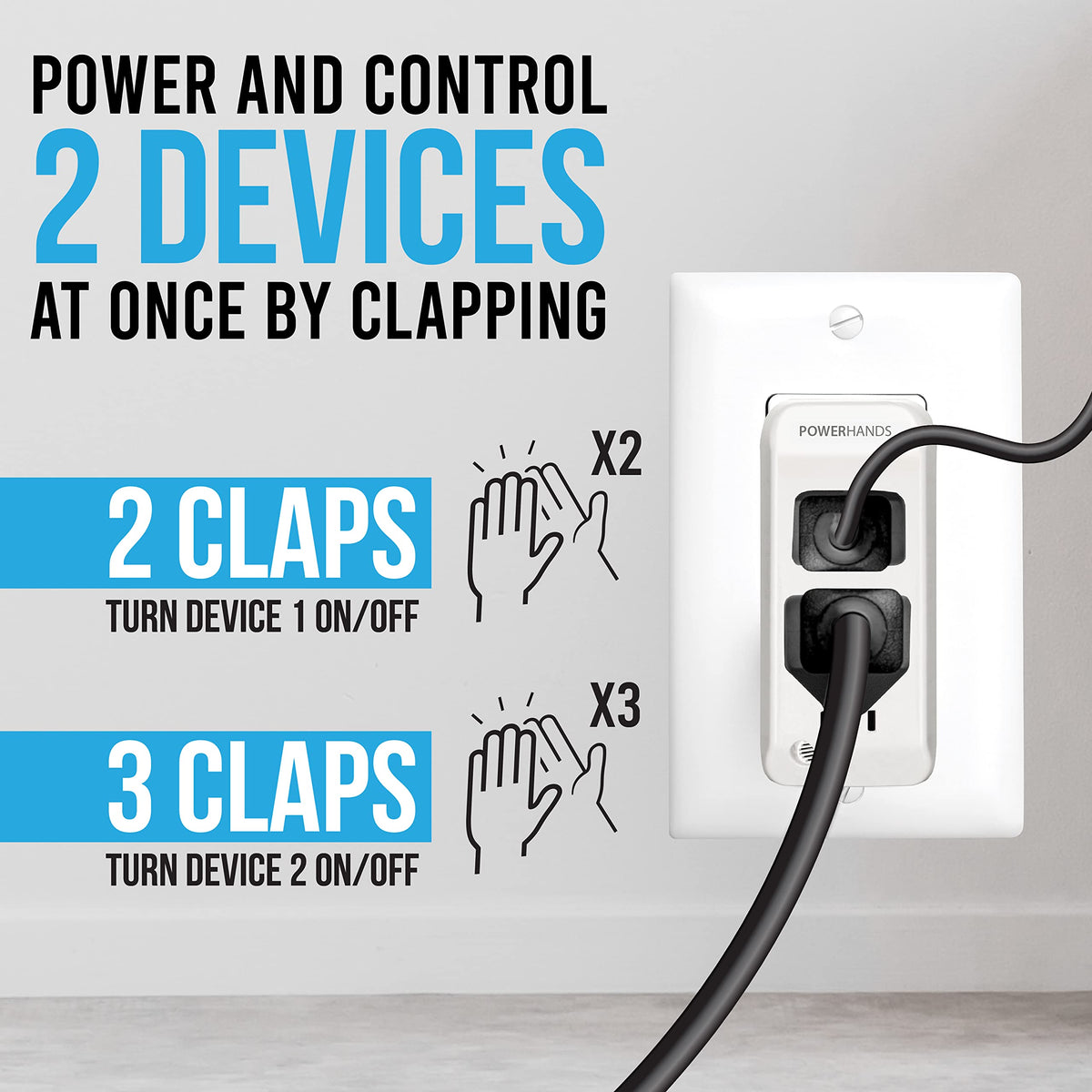 Power Hands | Clapping Light Control Noise Detecting Wireless Wall Outlet with a 3 Level Sensitivity Switch | Turns Appliances On/Off with Clapping Sound Sensor | 120V 200W 2 Outlet