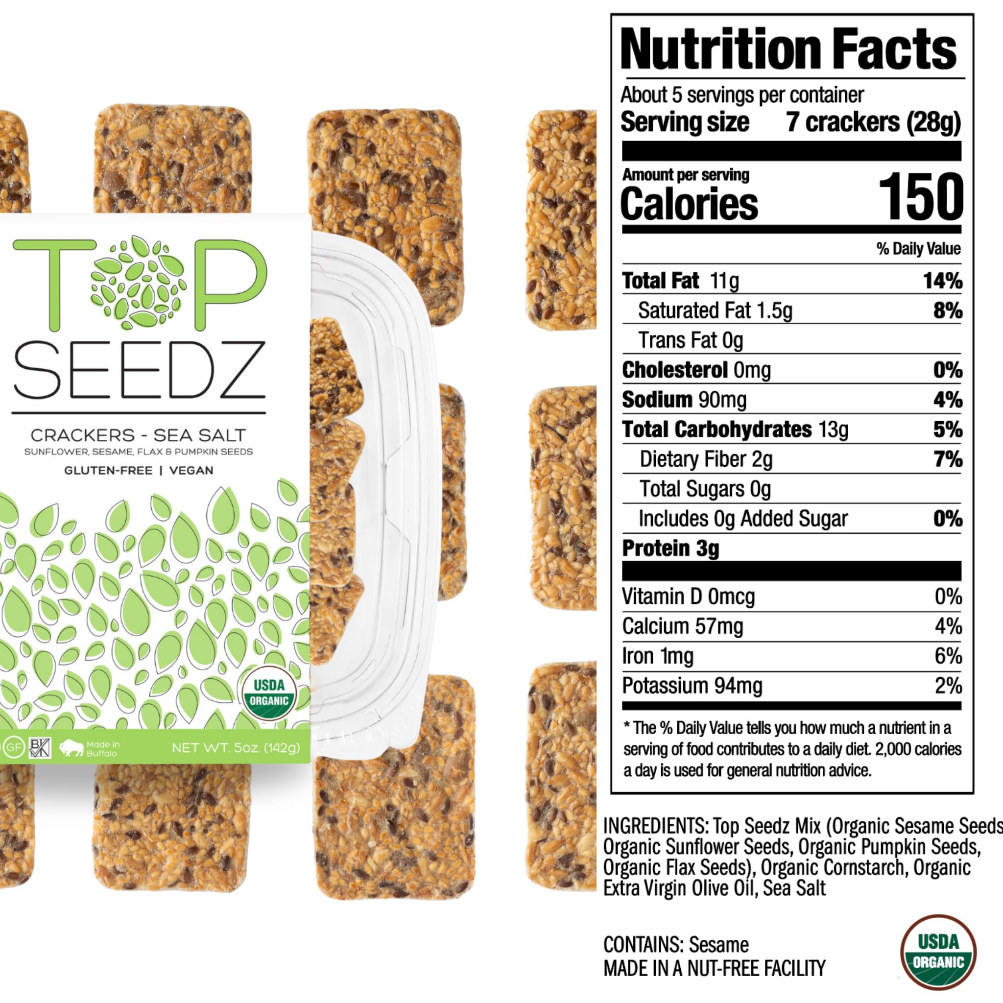Top Seedz Certified Organic Gluten Free Sea Salt Seed Crackers | 2-Pack | 5 Ounces | Healthy Vegan Crackers with Plant Based Protein | Made of Sunflower, Flax, Sesame and Pumpkin Seed