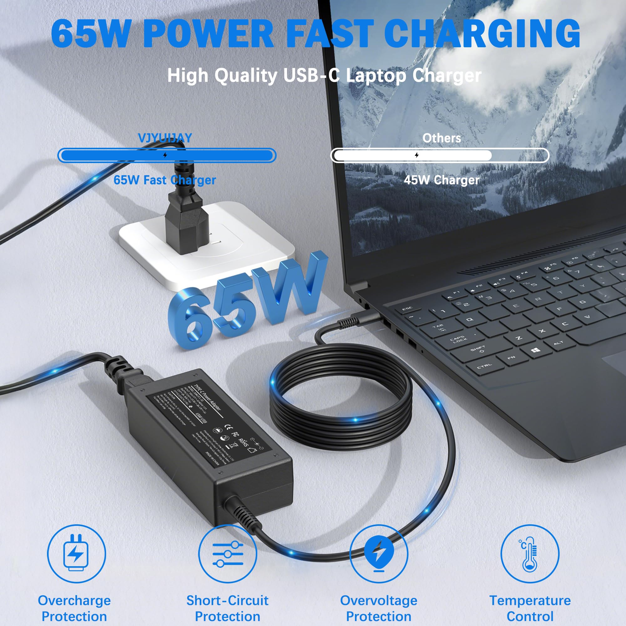 VJYUIJAY Universal 65W USB C Laptop Charger Compatible with HP chromebook Lenovo Dell Acer Asus Samsung Google Computer Type C Power Adapter