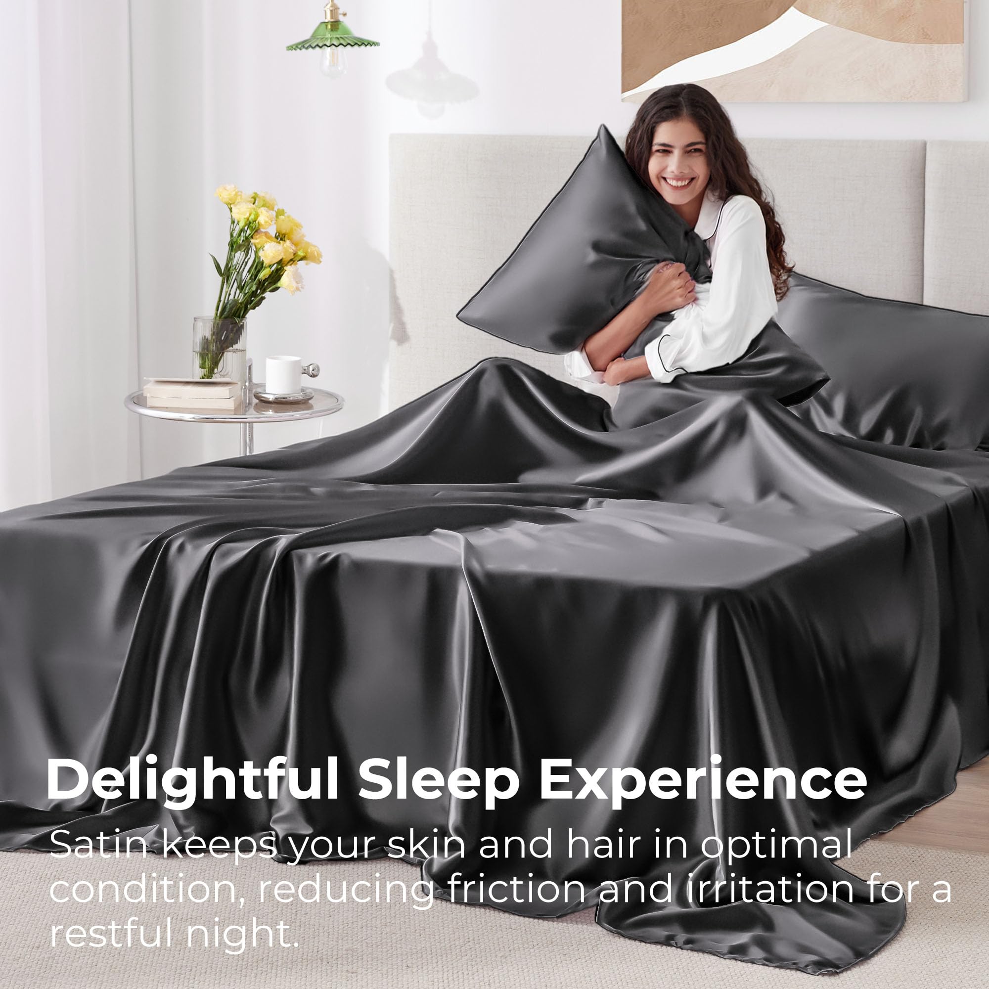 Seasonwood White Satin Sheets King Size 4 Pieces White Bed Set with 2 Pillowcase 20"x40" Microfiber