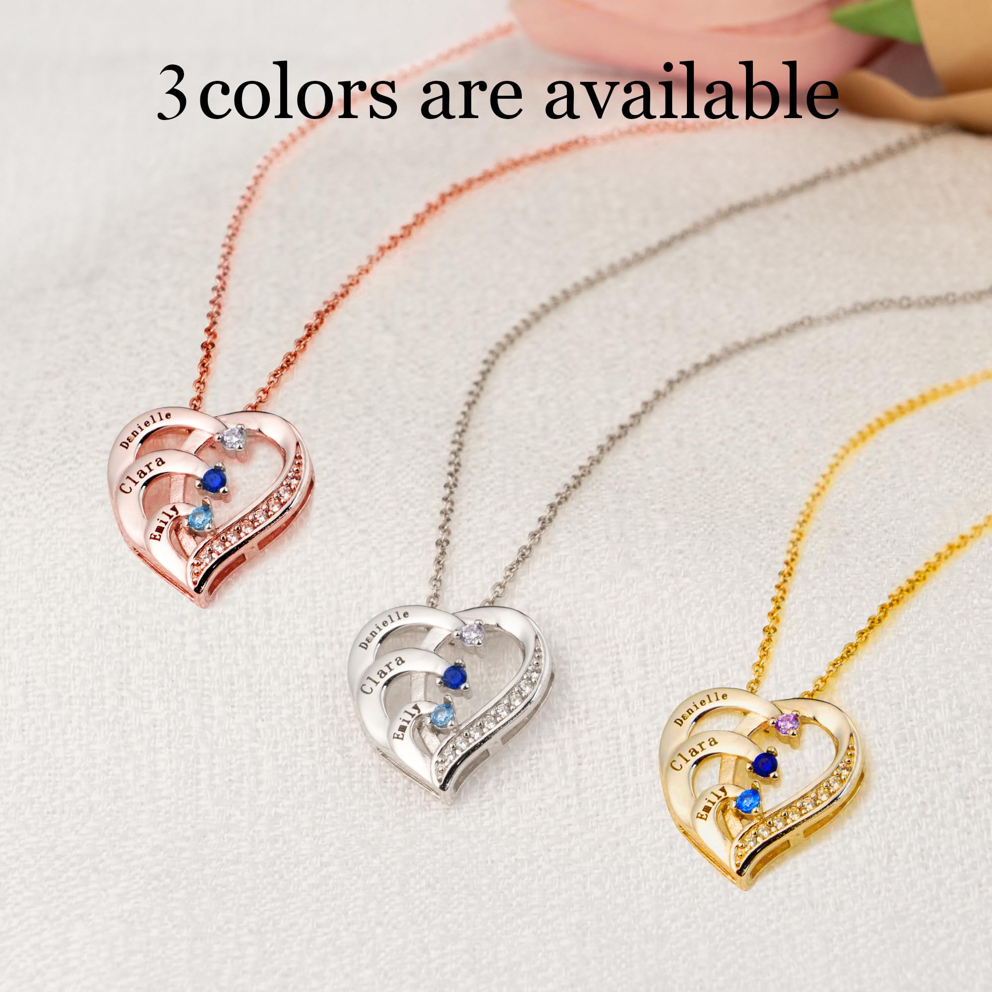 Easycosy Personalized 3 Names Necklace with Simulated Birthstones Custom Promise Necklace Heart Pendant with Engraved Names - Anniversary Birthday Christmas Jewelry Gifts for Women Mom Grandma Wife