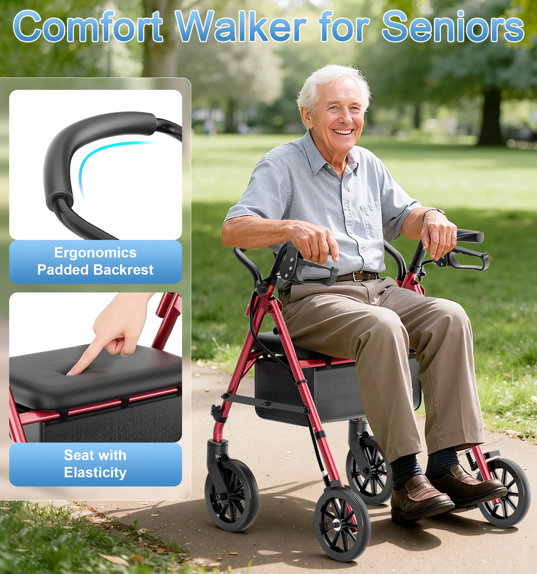 16 Pounds Lightweight Walkers for Seniors with Seat, Narrow Rolling Walker with 4 Puncture-Resistant Wheels, 5-Level Height Adjustable, 300 lbs Weight Capacity (Red)