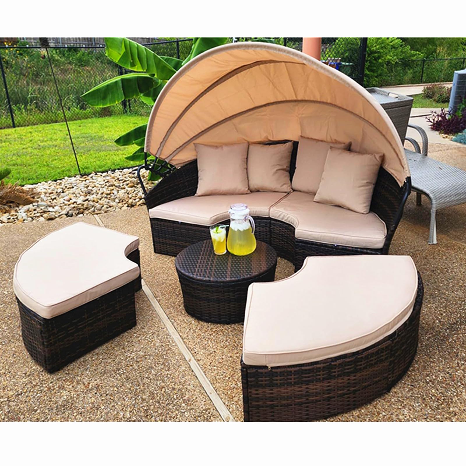SUNCROWN Outdoor Patio Round Daybed with Retractable Canopy, Brown Wicker Furniture Sectional Couch with Washable Cushions, Backyard, Porch