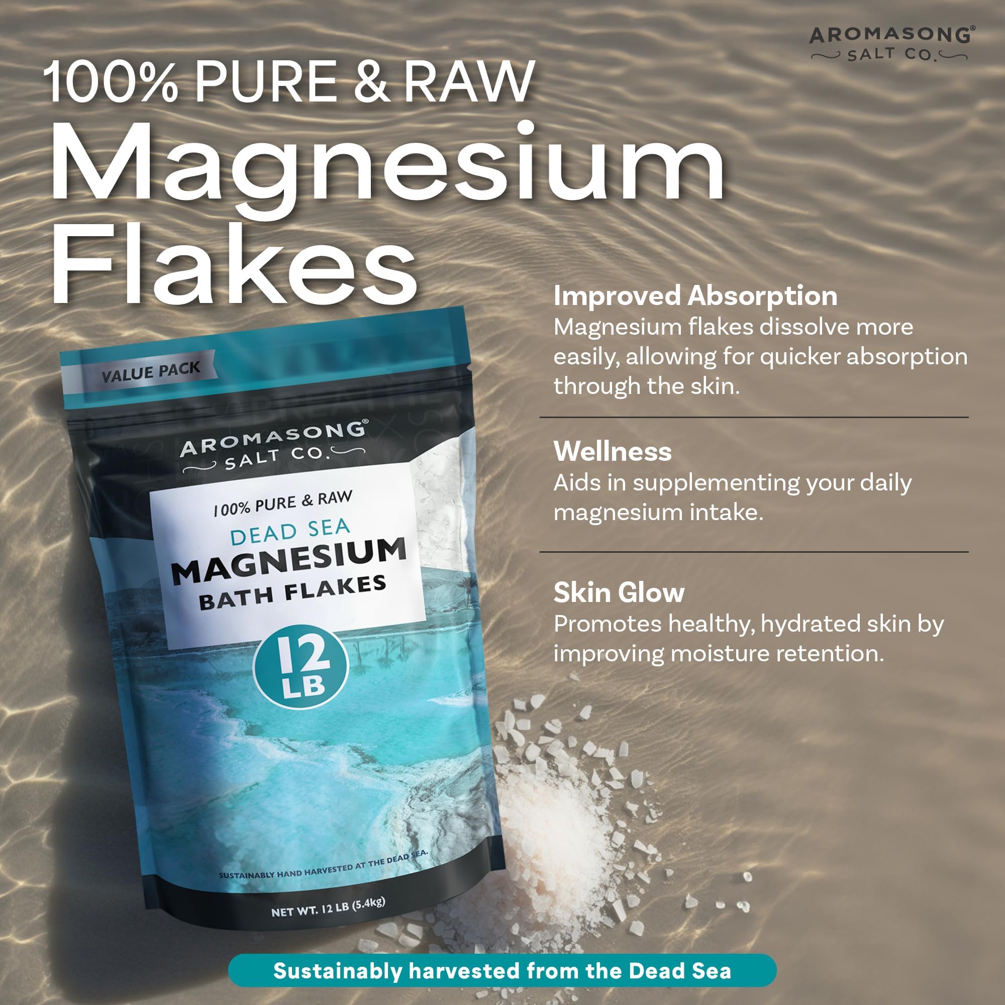 Aromasong Ultimate Magnesium Bundle: 12lb Dead Sea Magnesium Flakes + 100% Pure Dead Sea Magnesium Oil Spray for Relaxation and Wellness