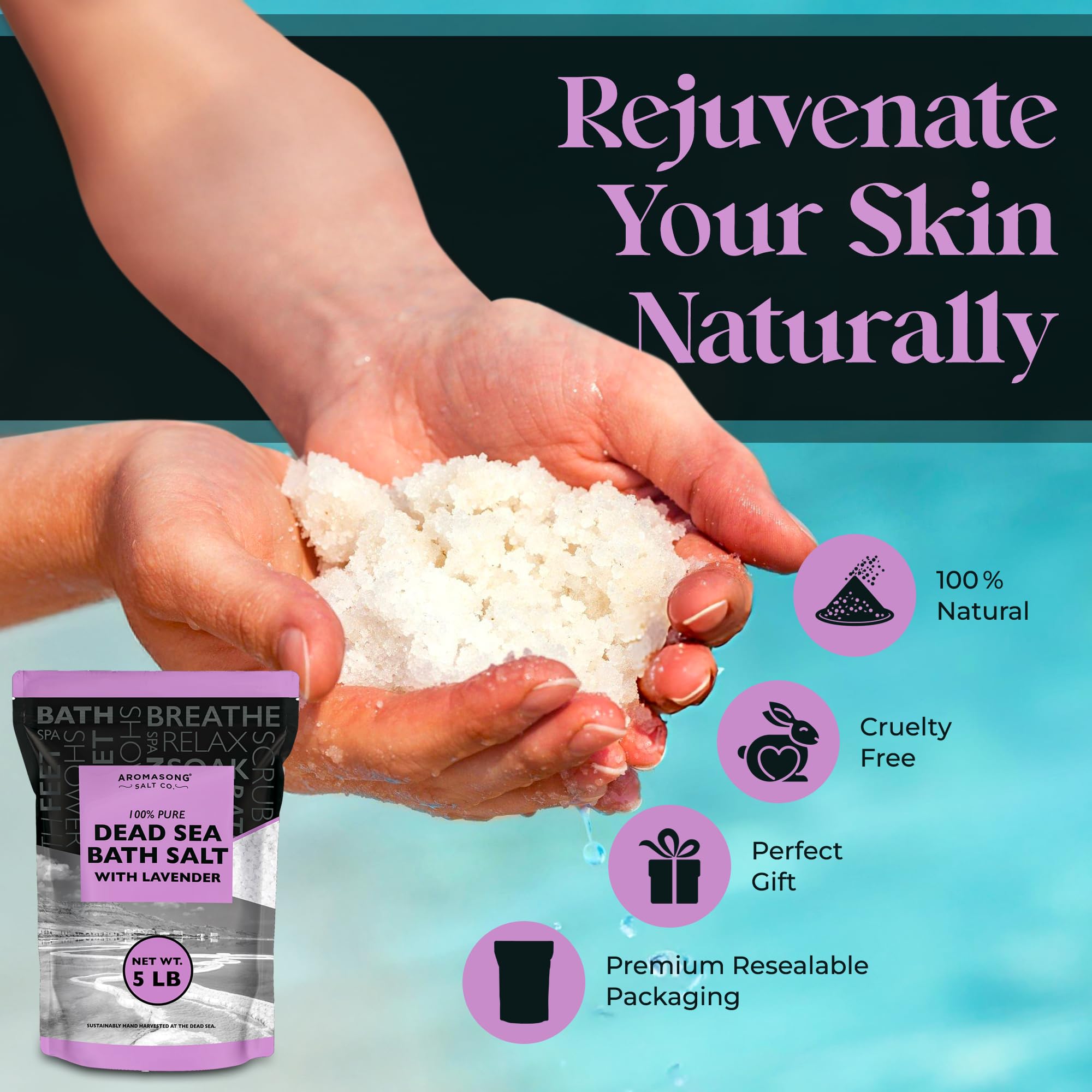 Aromasong Dead Sea Bath Salt 19 lb + Lavender Dead Sea Bath Salt 5 lb – Coarse Grain, 100% Natural Minerals, Skin Softening, Relaxation, Muscle Relief & Spa-Quality Soak at Home