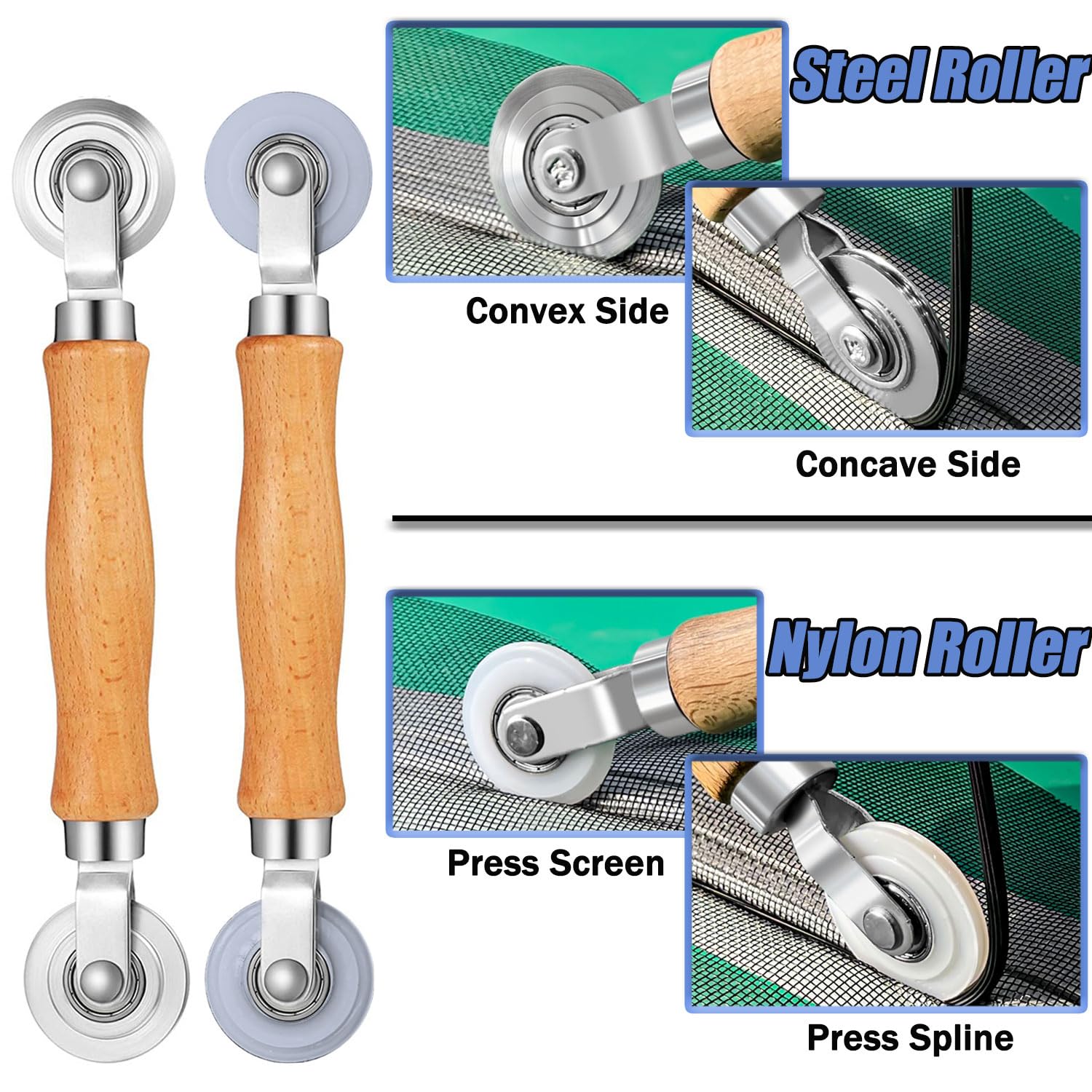 Window Screen Door Repair Kit, King&Charles Include Window Screens 48"x118"+ 2 Roller+50Ft Spline+8Clips+Hook, 6 in 1 Window Screen Replacement, Black Window Screen Mesh, Steel/Nylon Bearing Roller