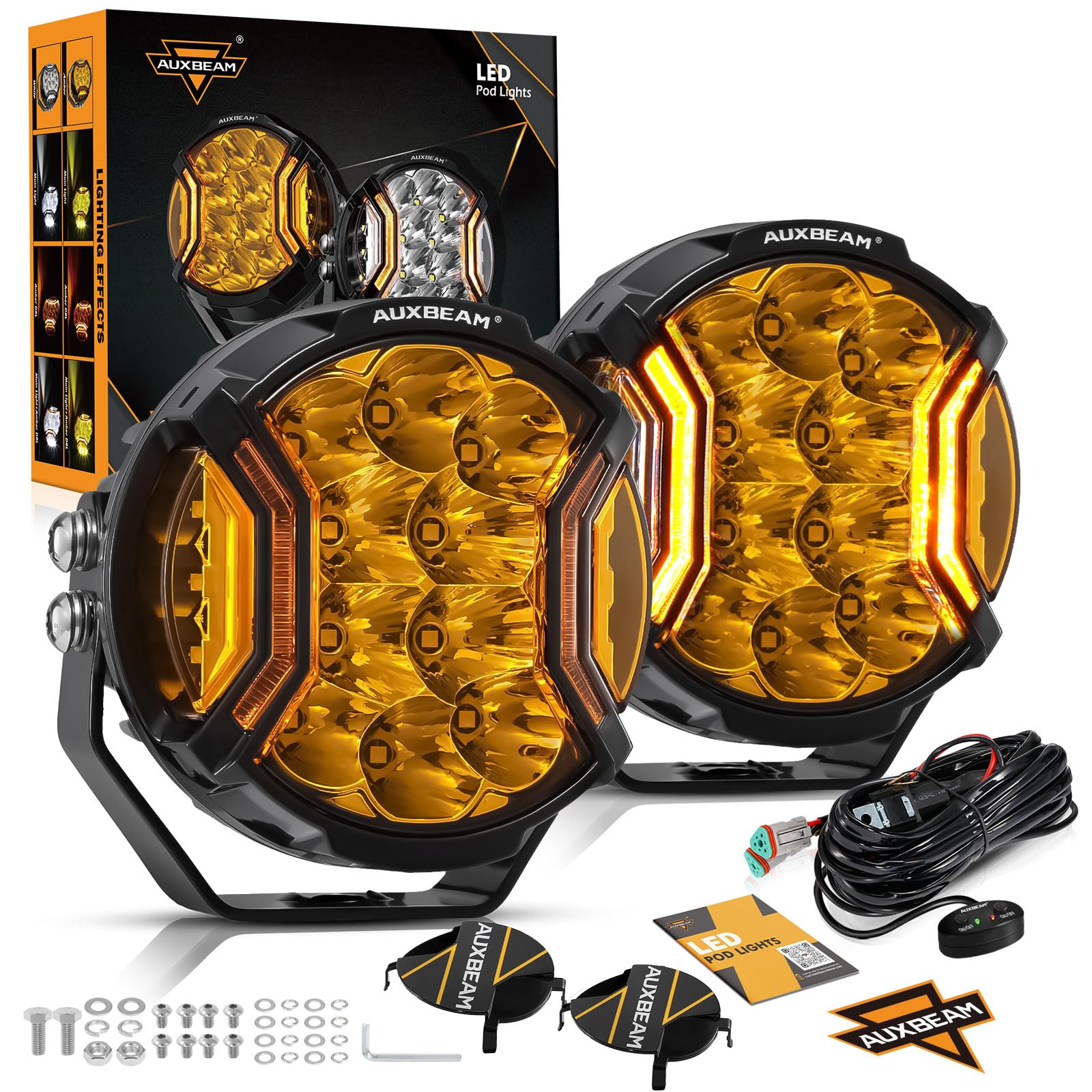 Auxbeam V-Ultra Series LED Round Light Pods, 5 Inch 172W Offroad Driving Side Shooter Light with Amber DRL, 270° Wide Range 20400LM Yellow/Amber Hyper Spot Beam Ditch Lights with Black Cover