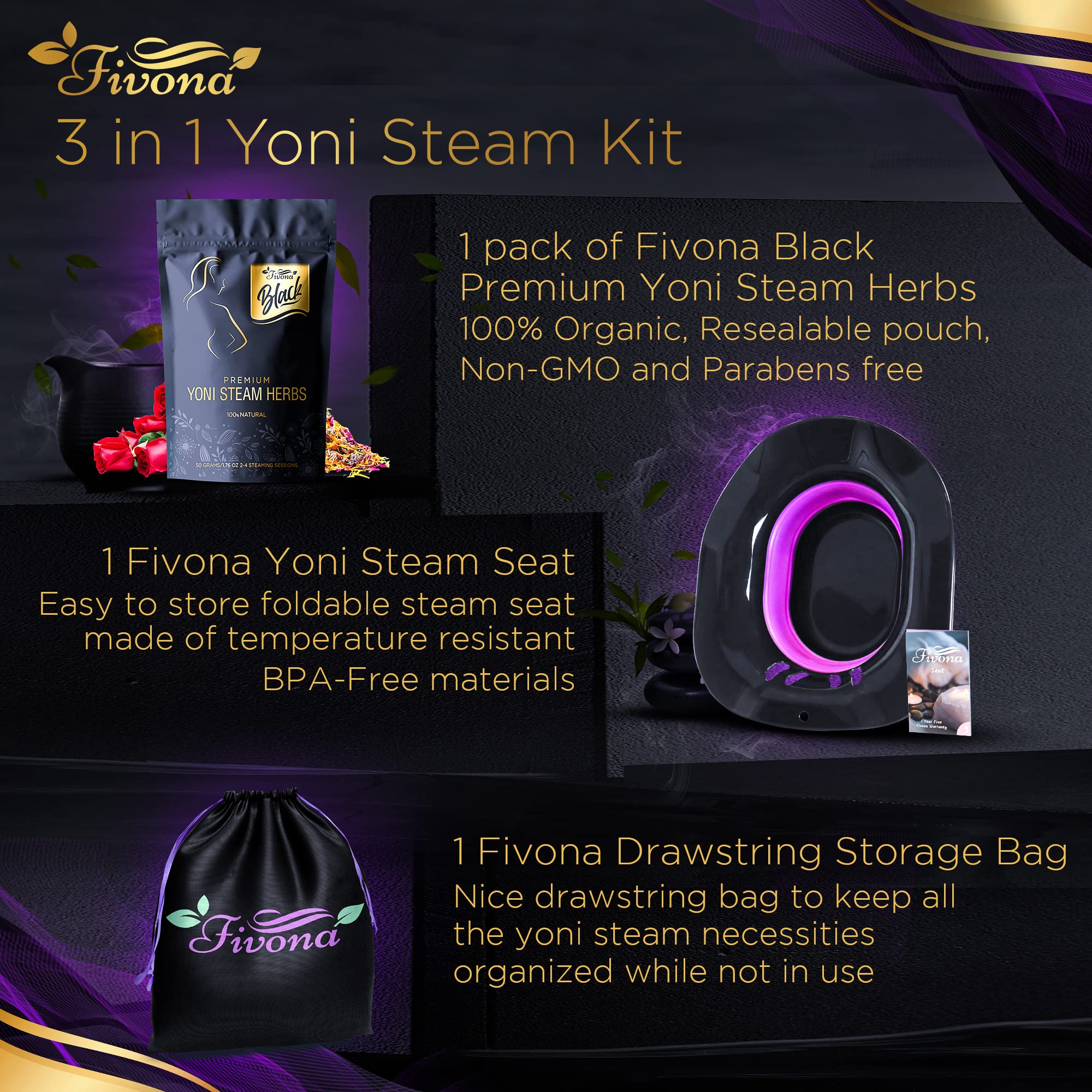 Fivona 3-in-1 Yoni Steam Kit Black - Foldable Over The Toilet Steamer Seat with Herbal Blend and Storage Bag - Effective Detox pH Balance Cleansing and Relaxation - at Home V-SPA